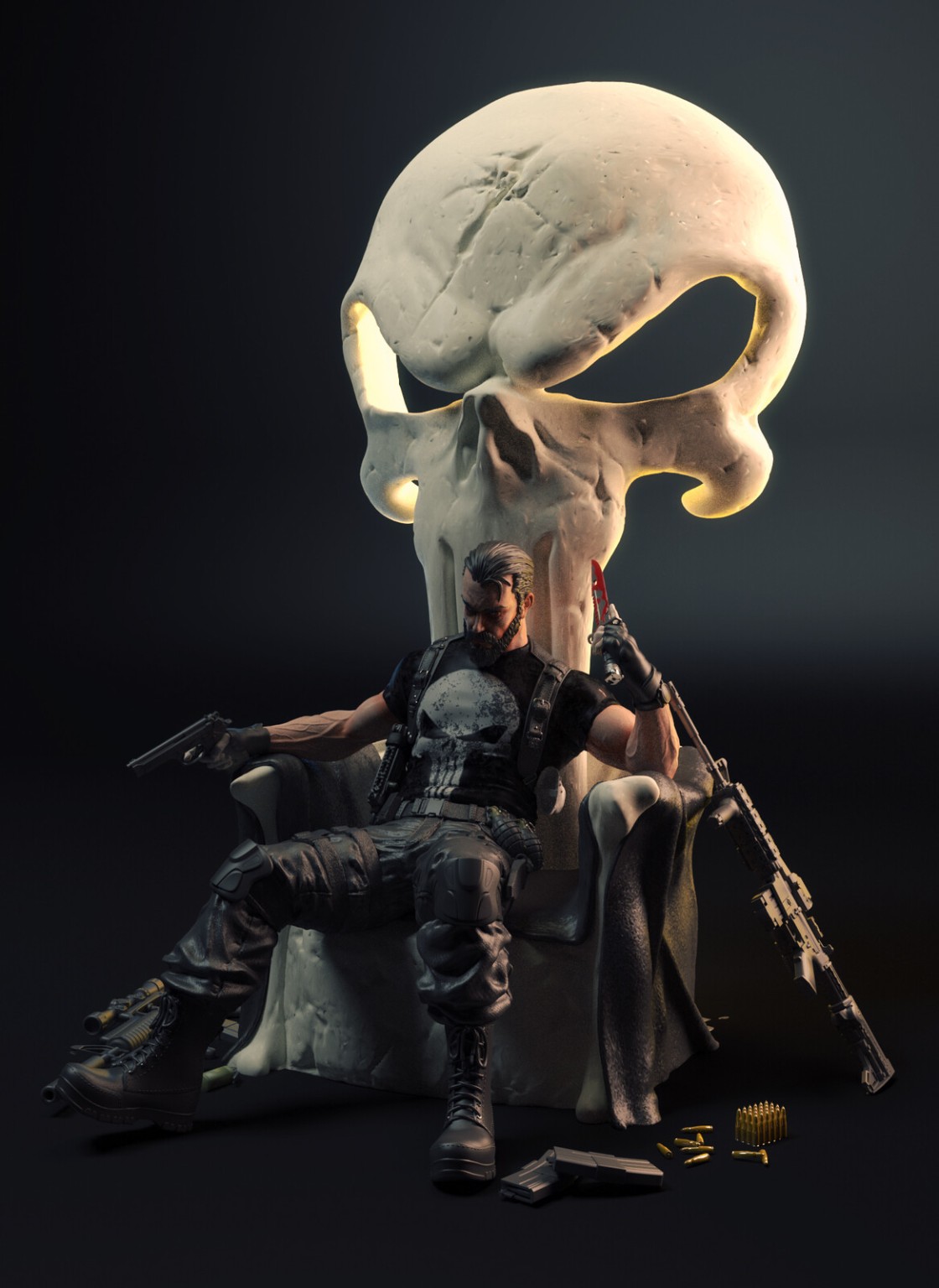 Alternate finished colour render of The Punisher seated beneath the skull