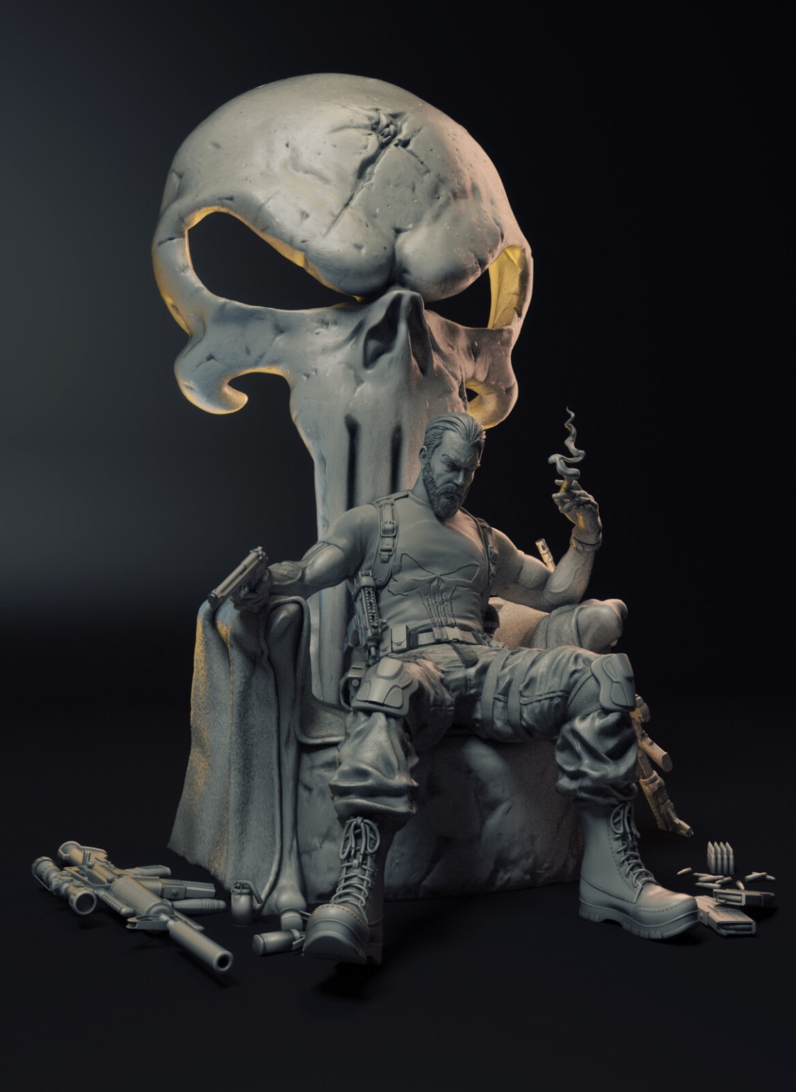 Three-quarter grey sculpt view of The Punisher sculpture