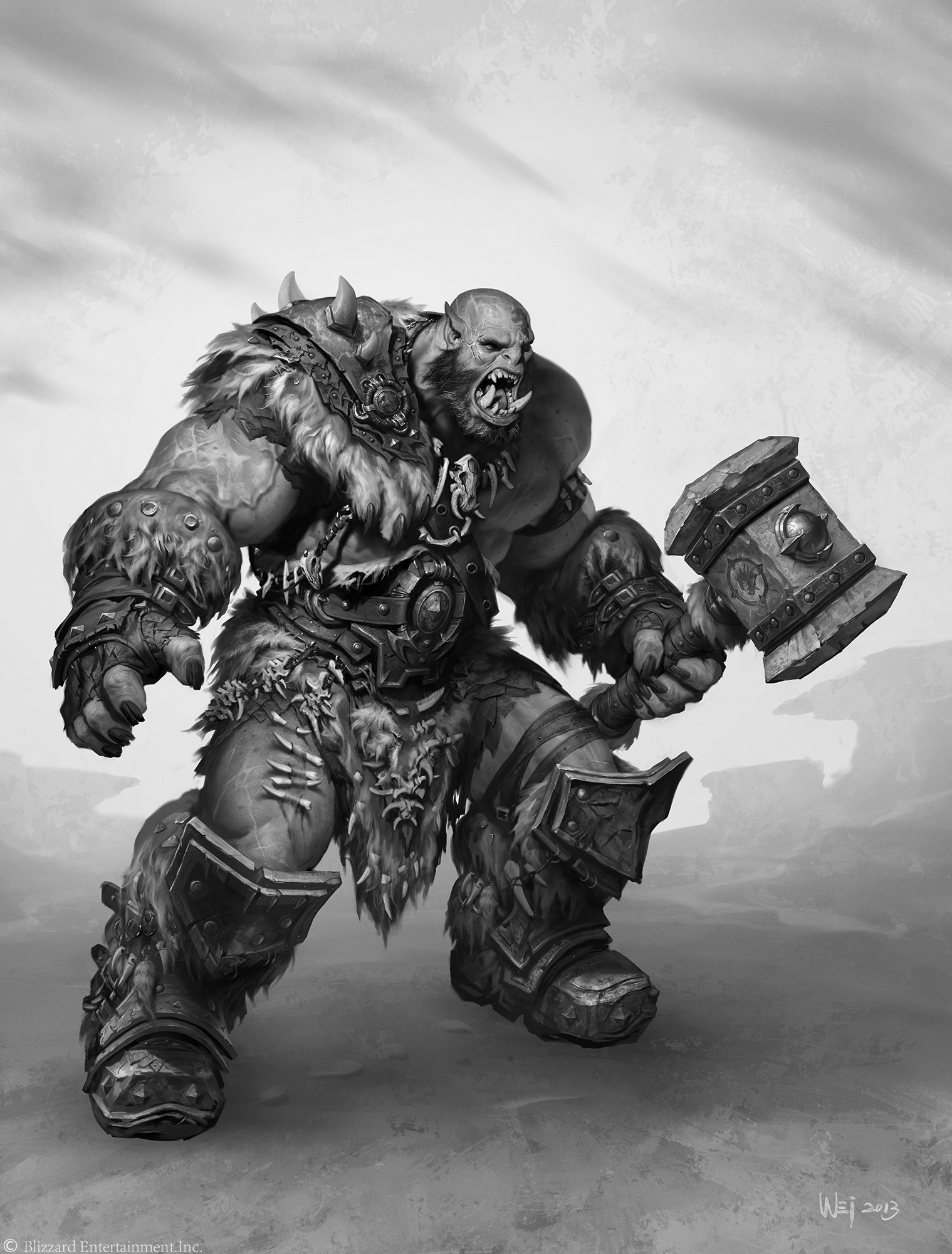 Full-figure Doomhammer concept with layered armor and a large raised hammer