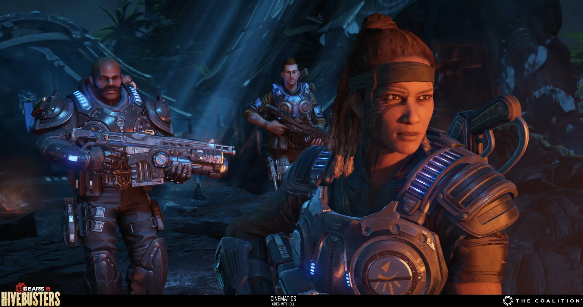 Three armoured soldiers gather in a blue and orange-lit jungle setting