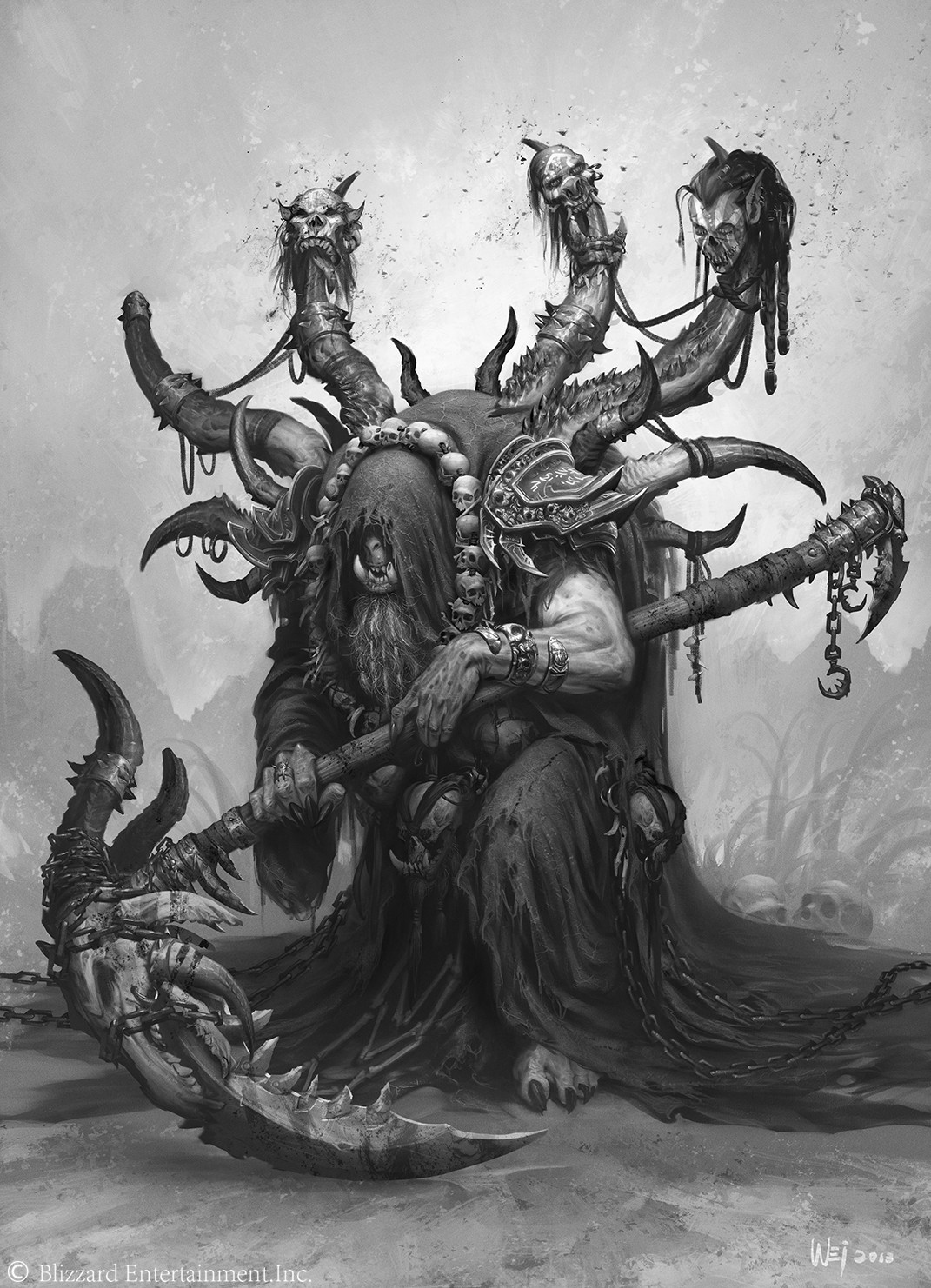 Gul'dan character concept with a hunched silhouette, layered robes and multiple decorated staffs