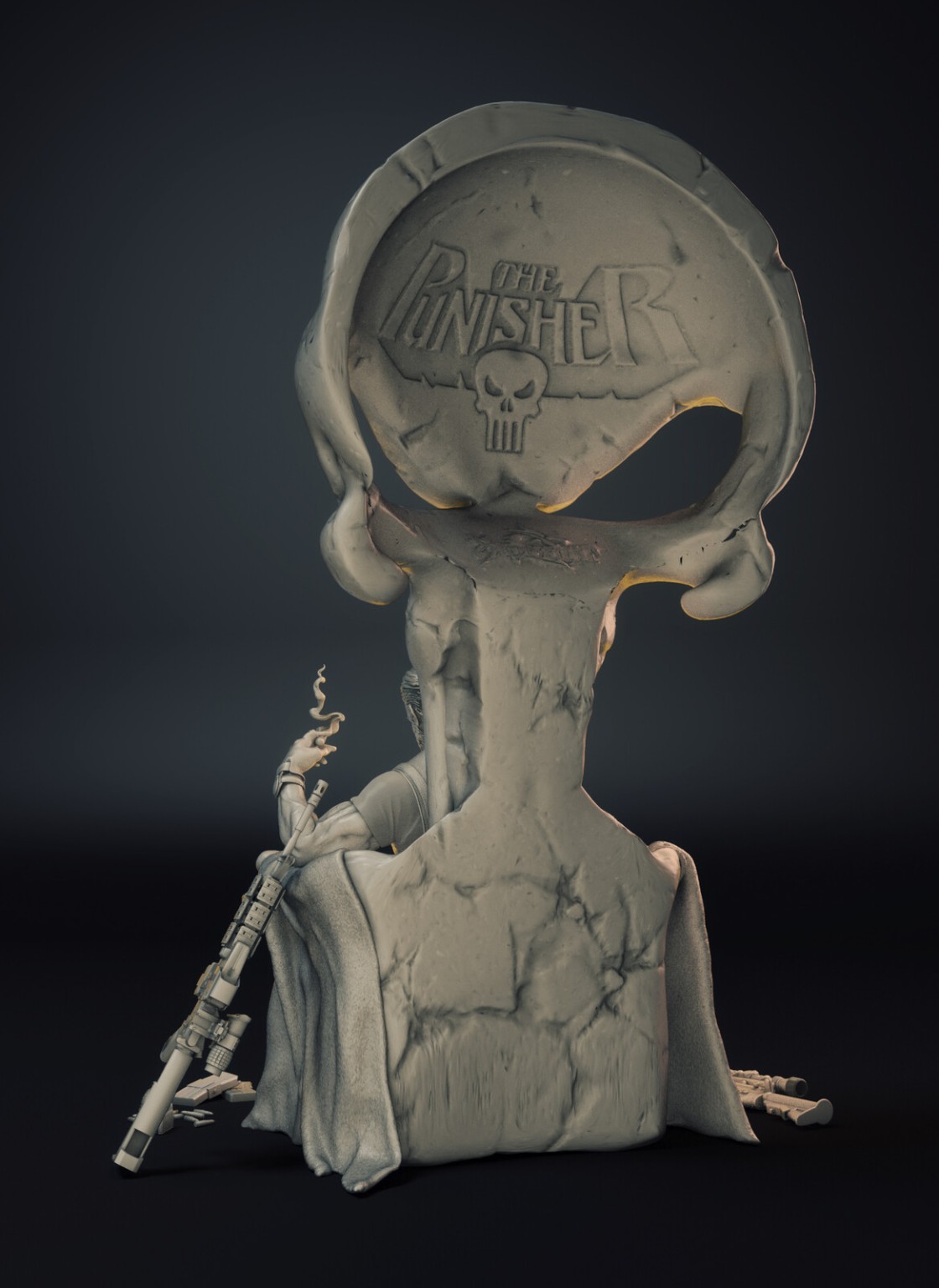Rear grey sculpt view showing the monumental skull and engraved Punisher mark