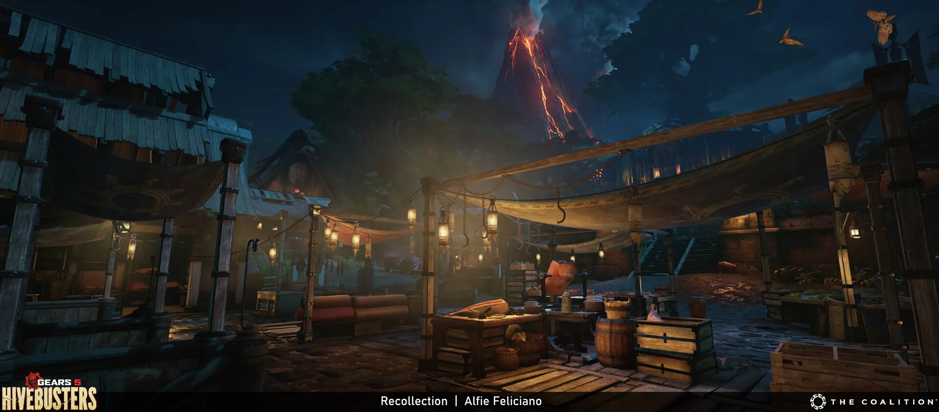 Night market illuminated by hanging lanterns beneath an erupting volcano