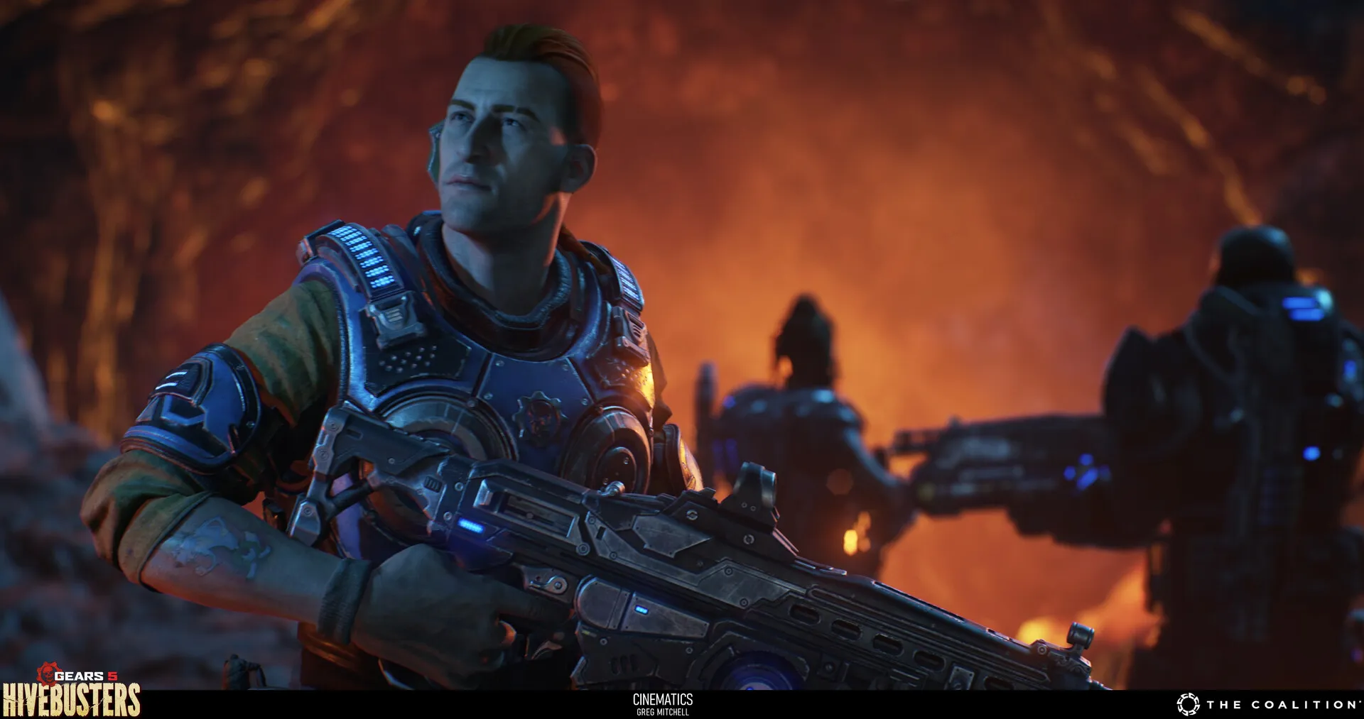 Armoured soldier holding a rifle before an orange-lit cavern