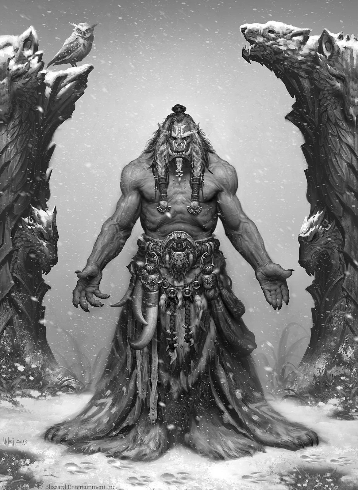 Frostwolf shaman elder character concept framed by icy rock formations