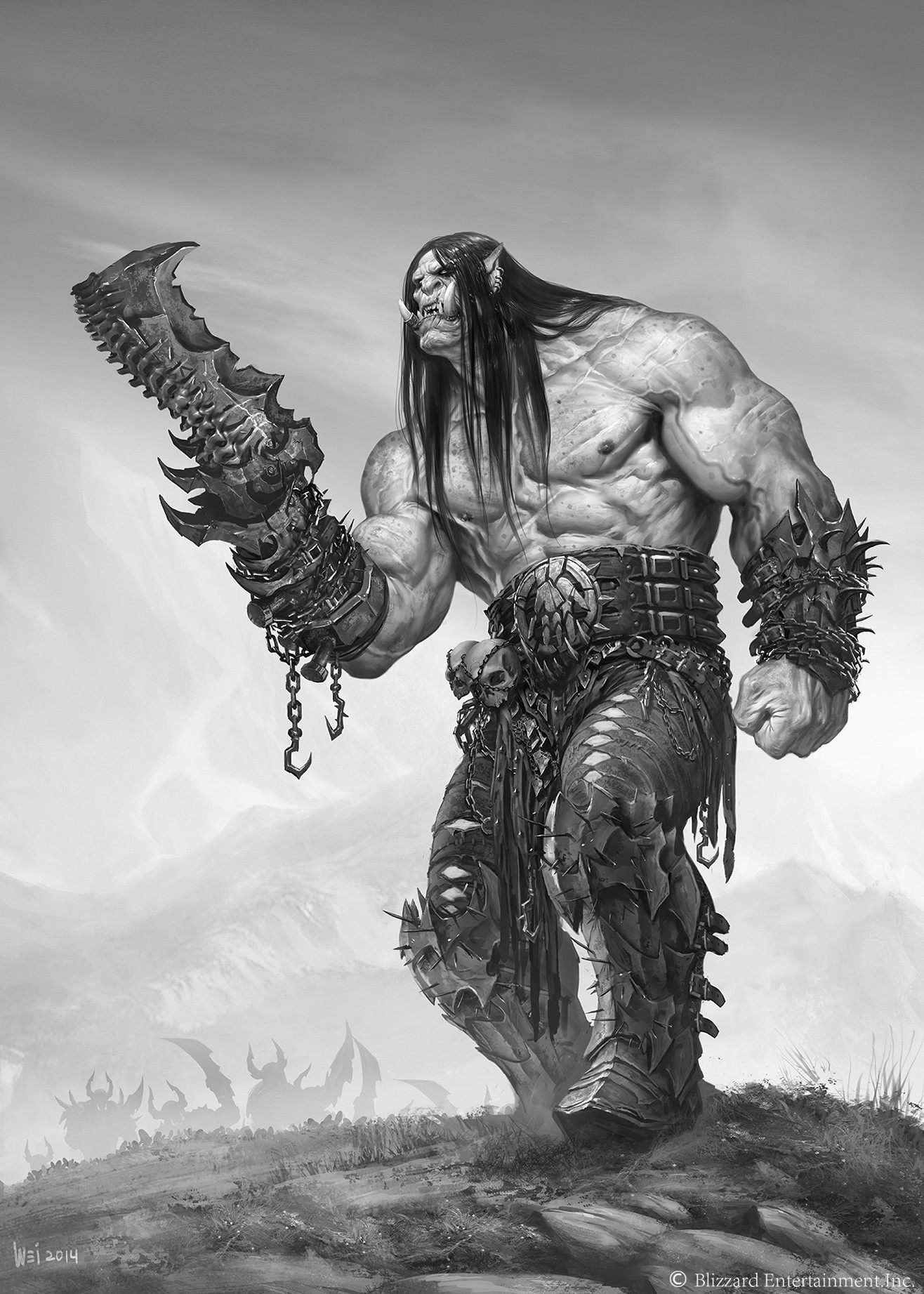 Kargath Bladefist character concept with long hair, layered armor and a bladed left arm