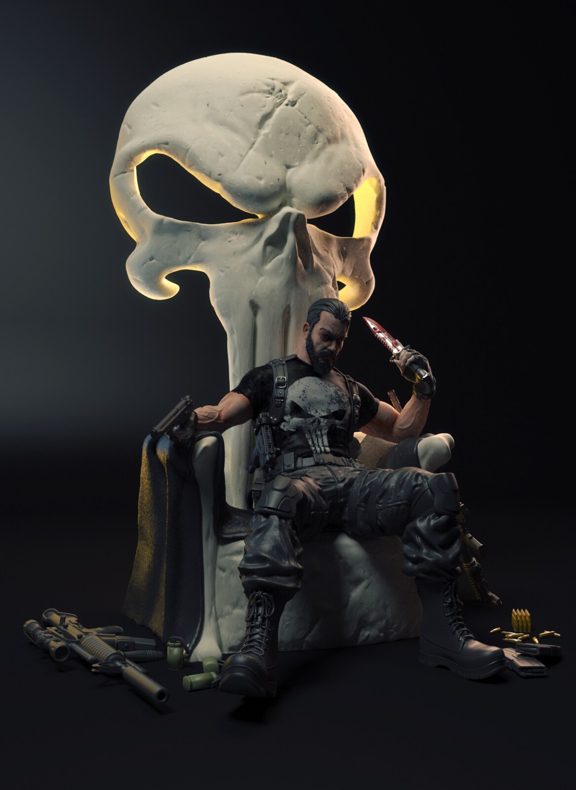 Three-quarter finished colour render of The Punisher sculpture