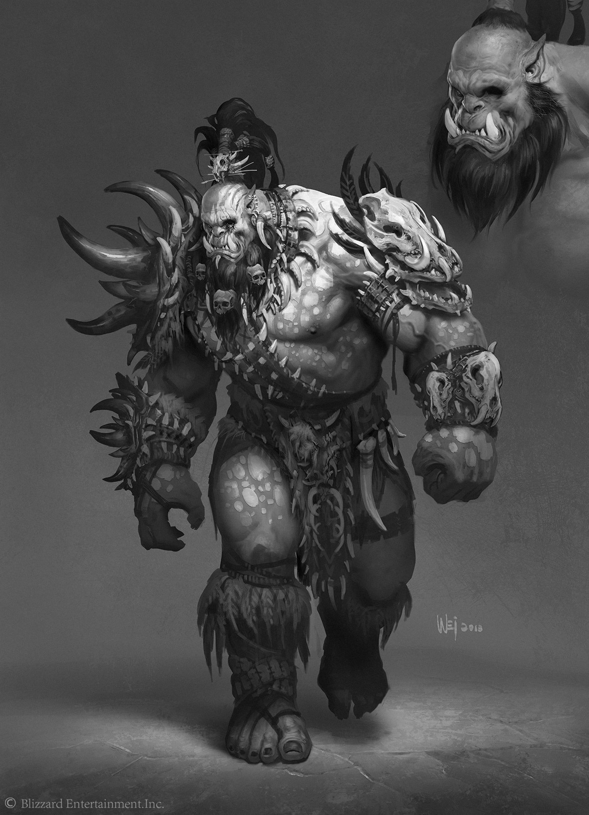 Kilrogg Deadeye full-figure concept with armored shoulders and a separate head portrait on the same original image