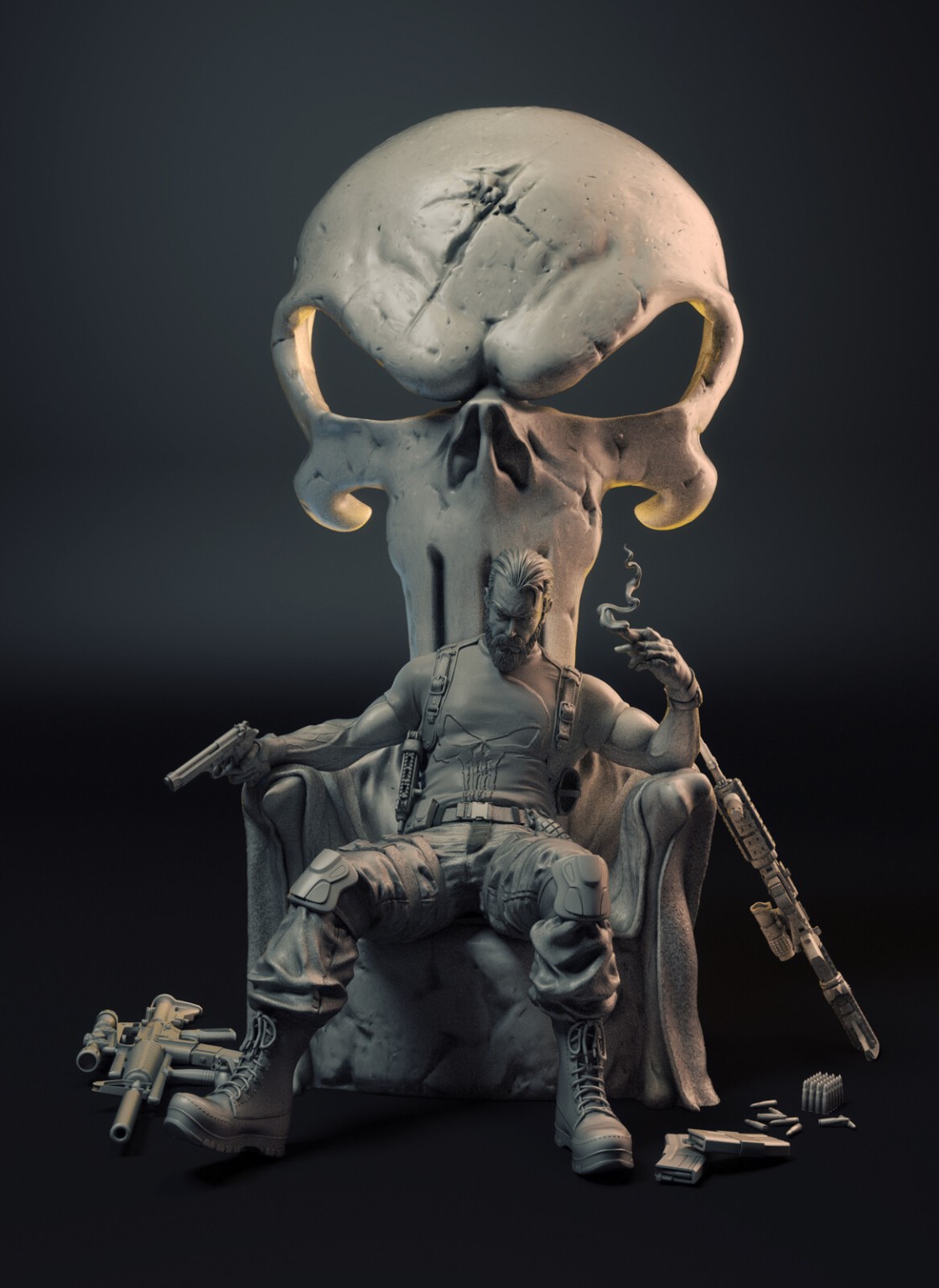 Front grey sculpt view of The Punisher seated beneath the skull