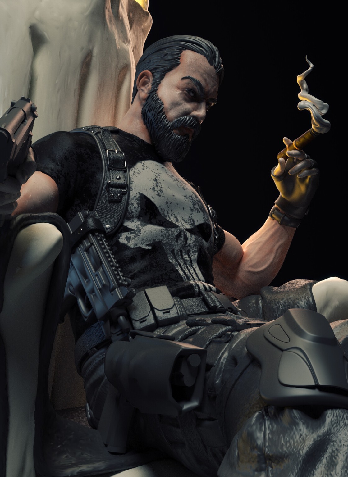 Close colour render of The Punisher figure holding a smoking cigar