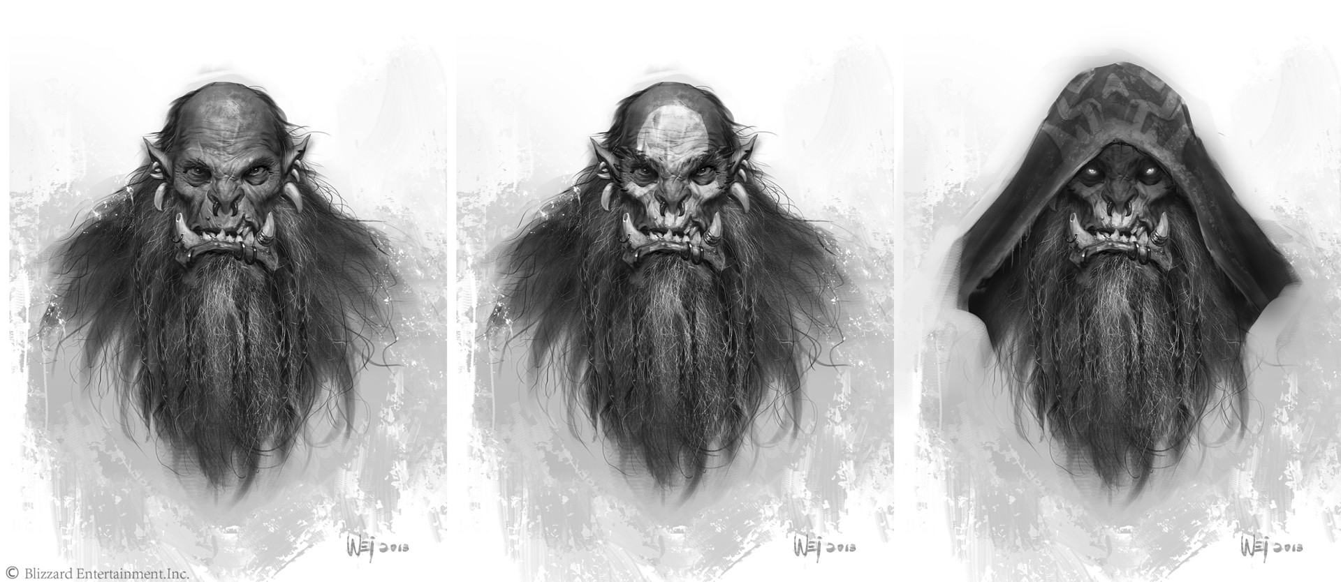 Original wide sheet containing three Gul'dan facial concepts, including a hooded portrait