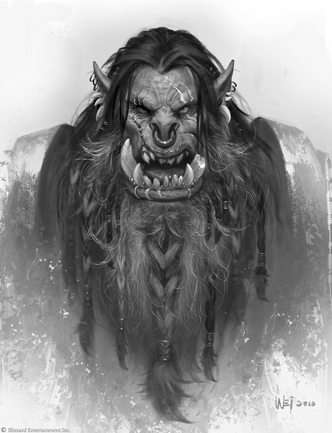 Front-facing monochrome Doomhammer portrait with tusks, a beard and long hair