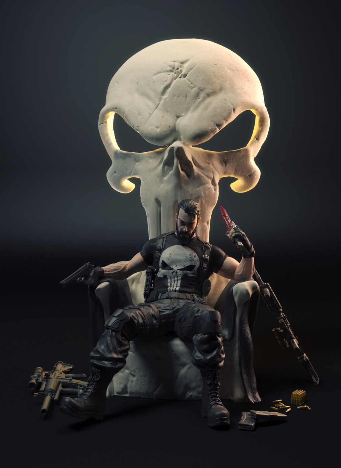 Finished colour render of The Punisher seated beneath a monumental skull