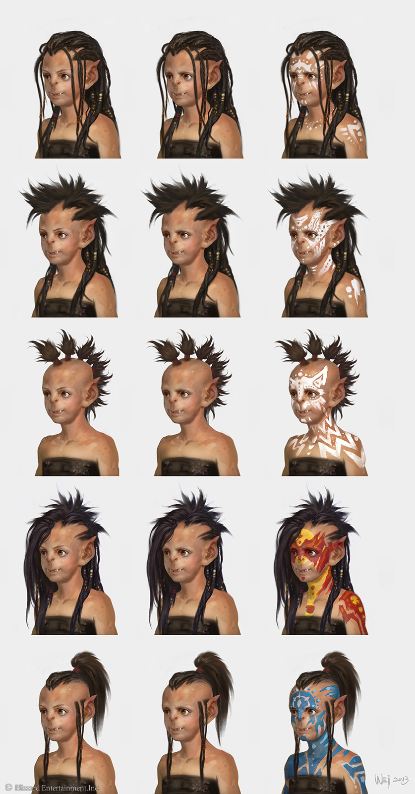 Original color concept sheet showing young female orcs in varied clothing and poses