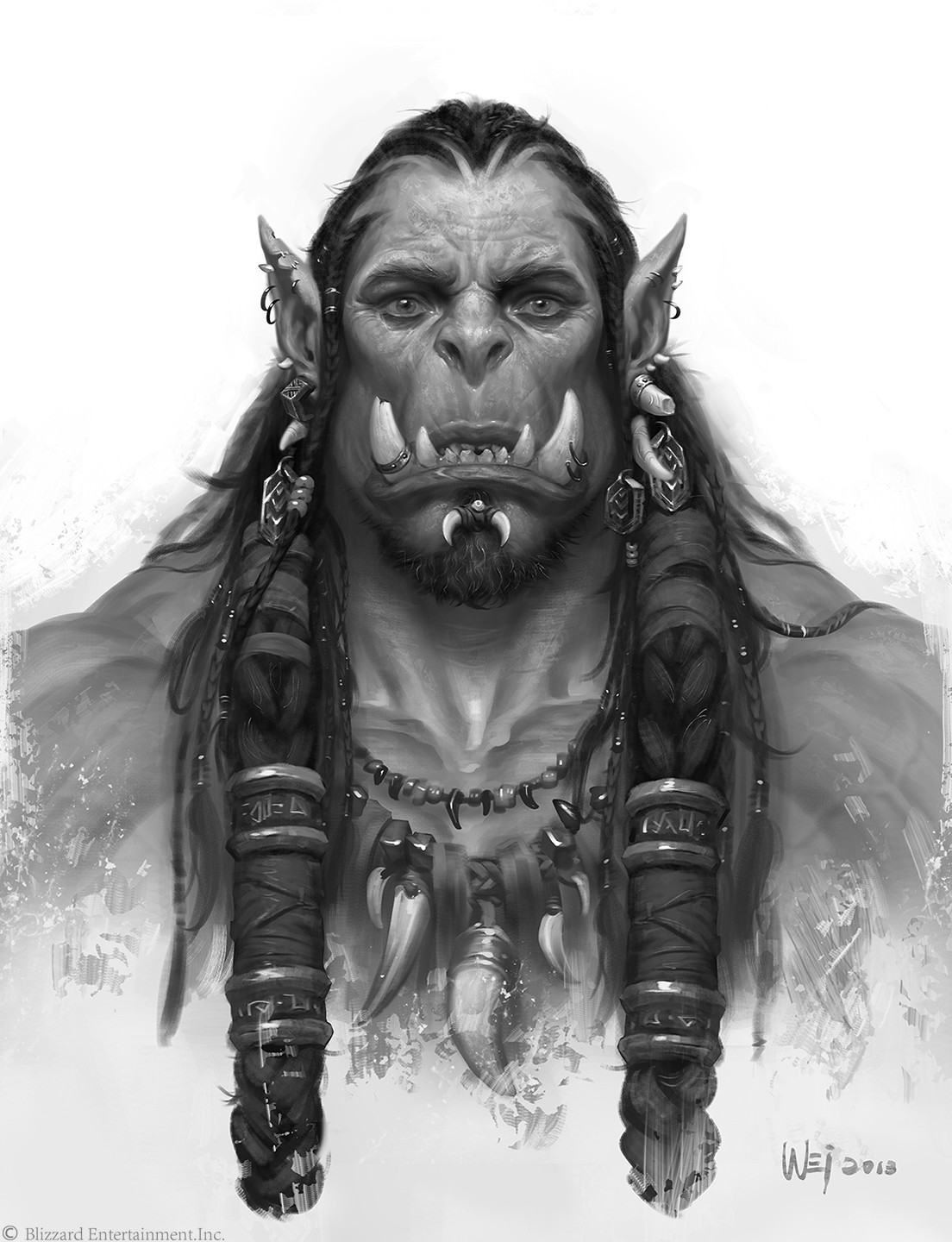 Front-facing monochrome Durotan portrait with braids, tusks and a textured beard