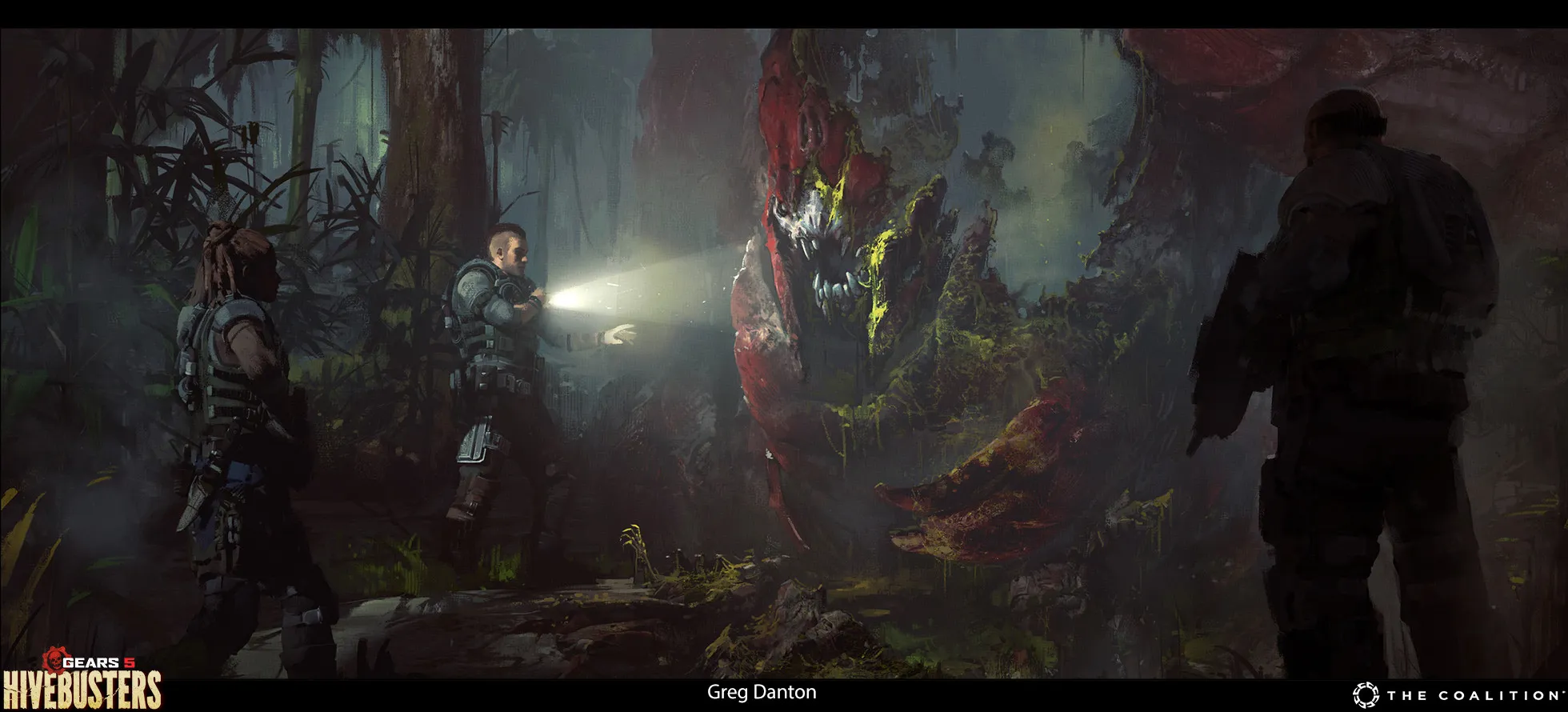 Three armed figures encounter a large red creature in dense jungle ruins