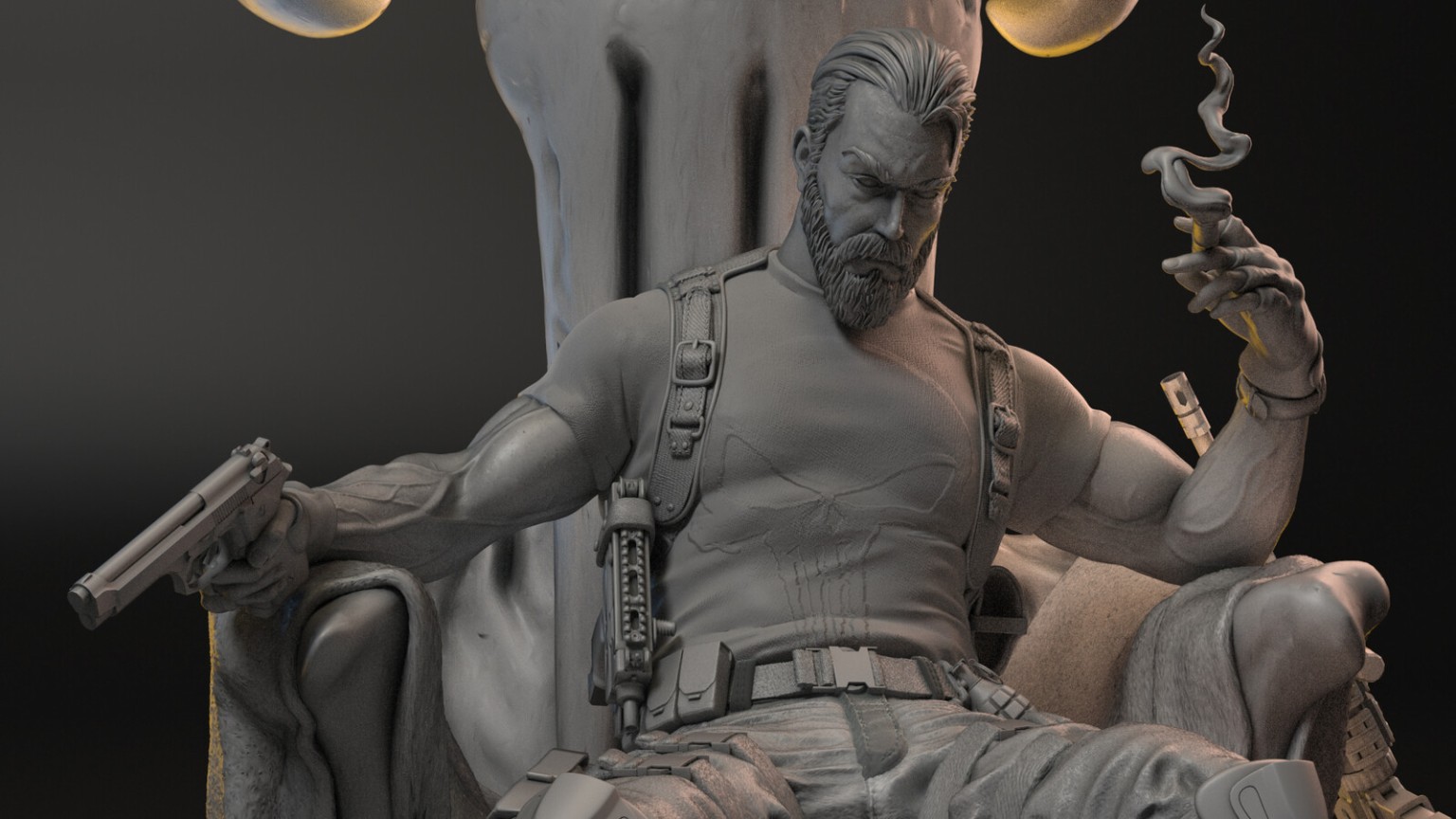 Close grey sculpt view of The Punisher figure and layered tactical gear