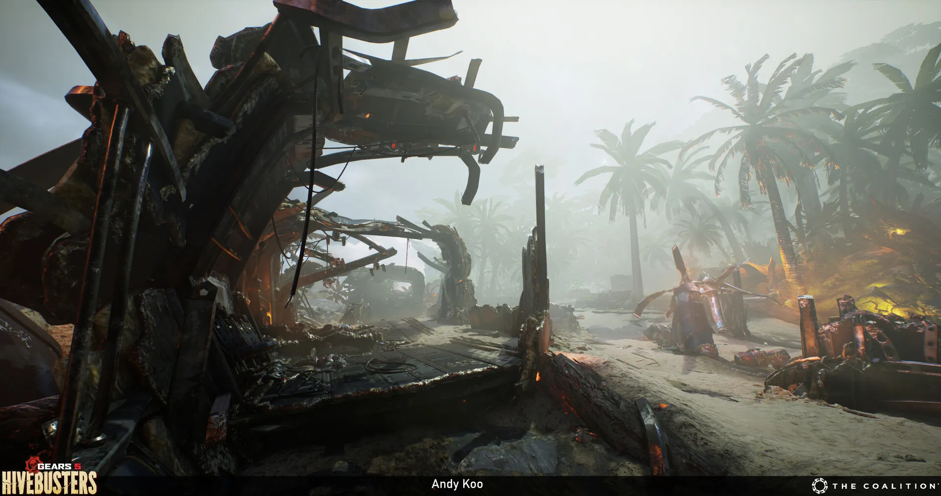 Charred aircraft wreckage amid palms and mist in a backlit tropical jungle