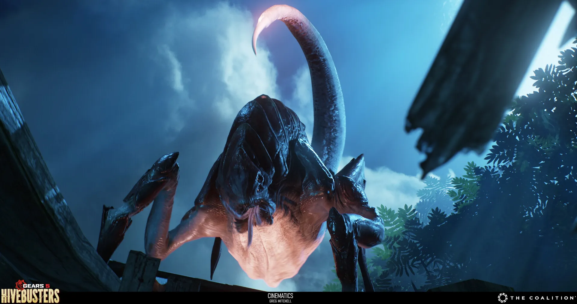 Large winged creature viewed from below against a bright blue sky