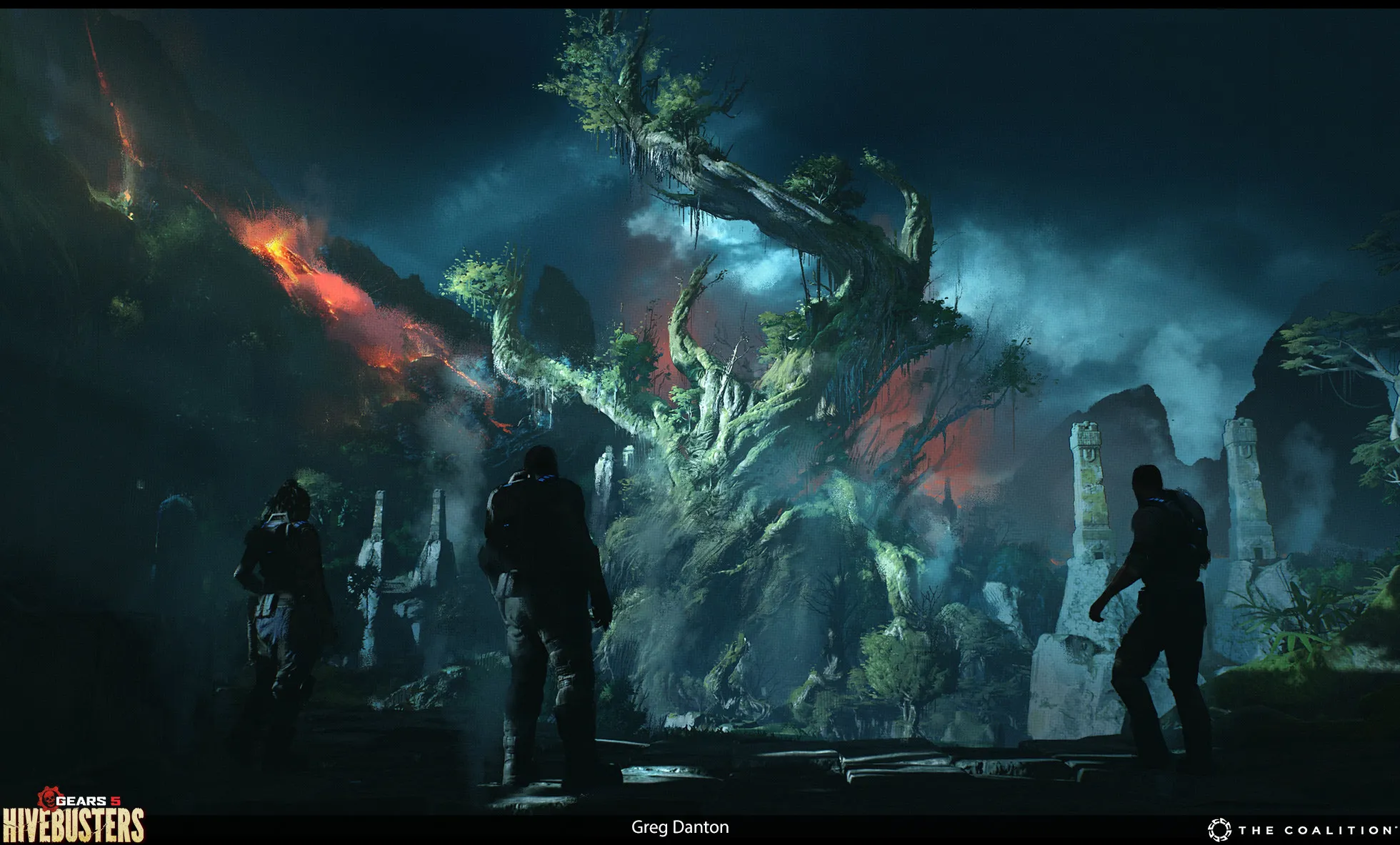 Three figures approach a vast illuminated tree in a volcanic jungle environment