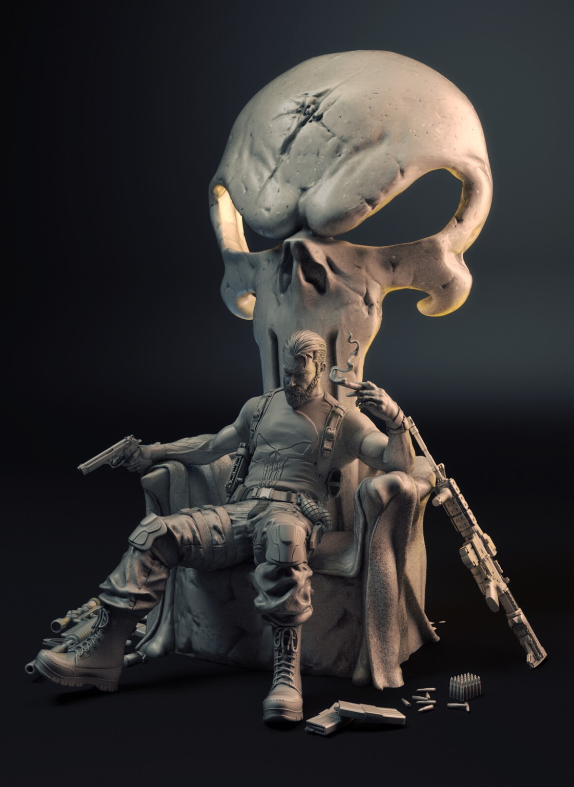 Alternate three-quarter grey sculpt view with rifle and scattered props