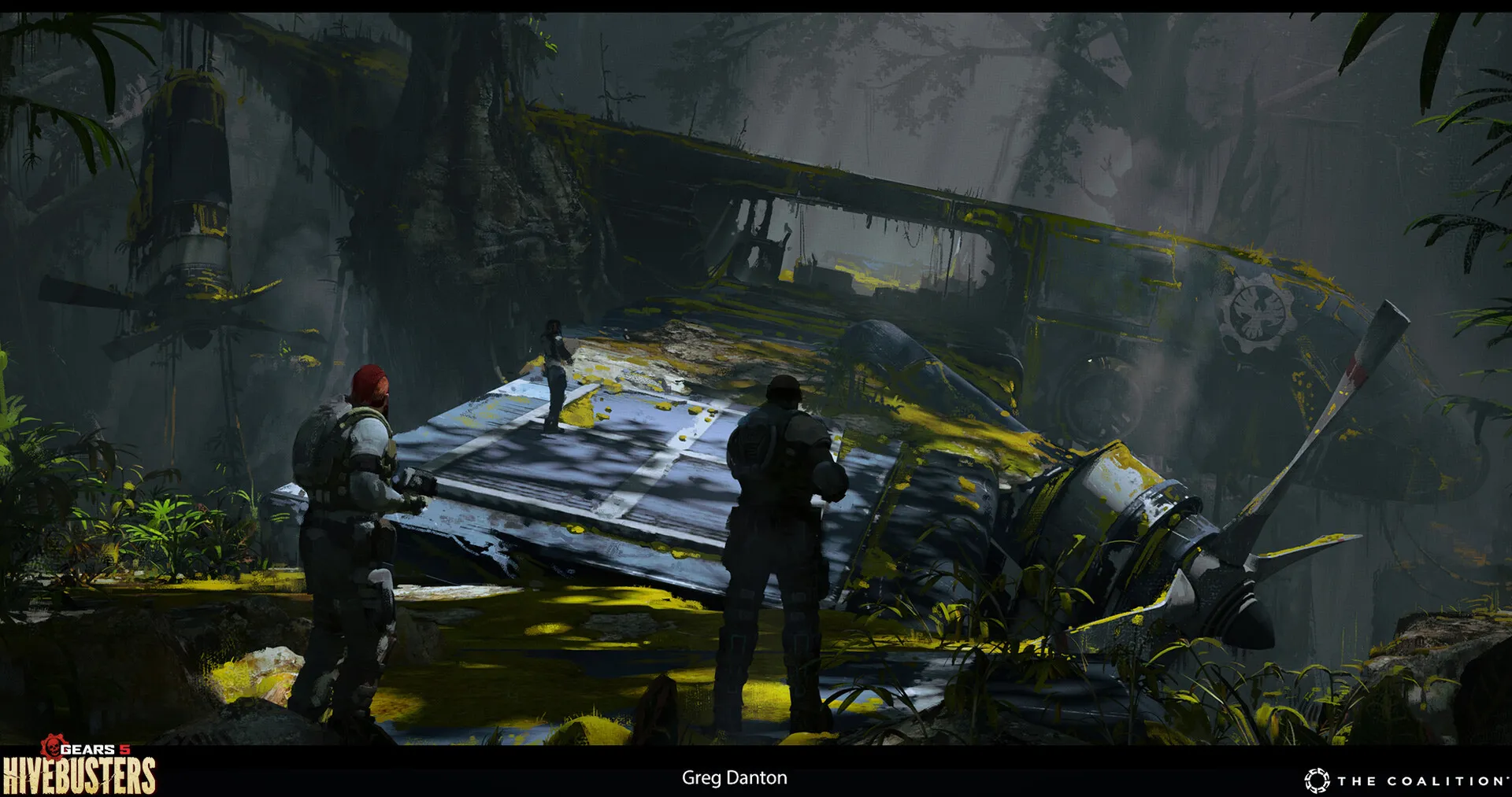 Three figures inspect a crashed aircraft overgrown in a misty jungle