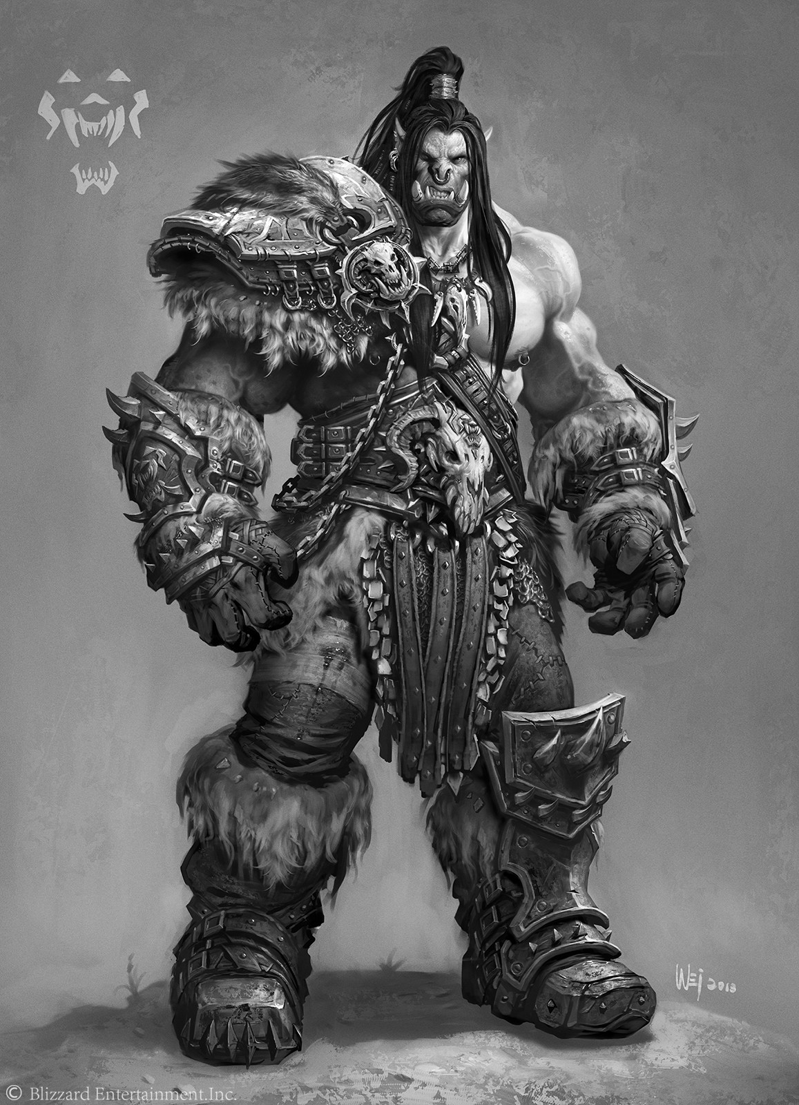 Full-figure Hellscream concept with layered armor, fur and a large sculptural shoulder guard