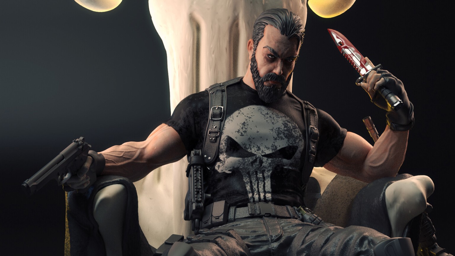 Close colour render of The Punisher figure, tactical clothing and skull backdrop