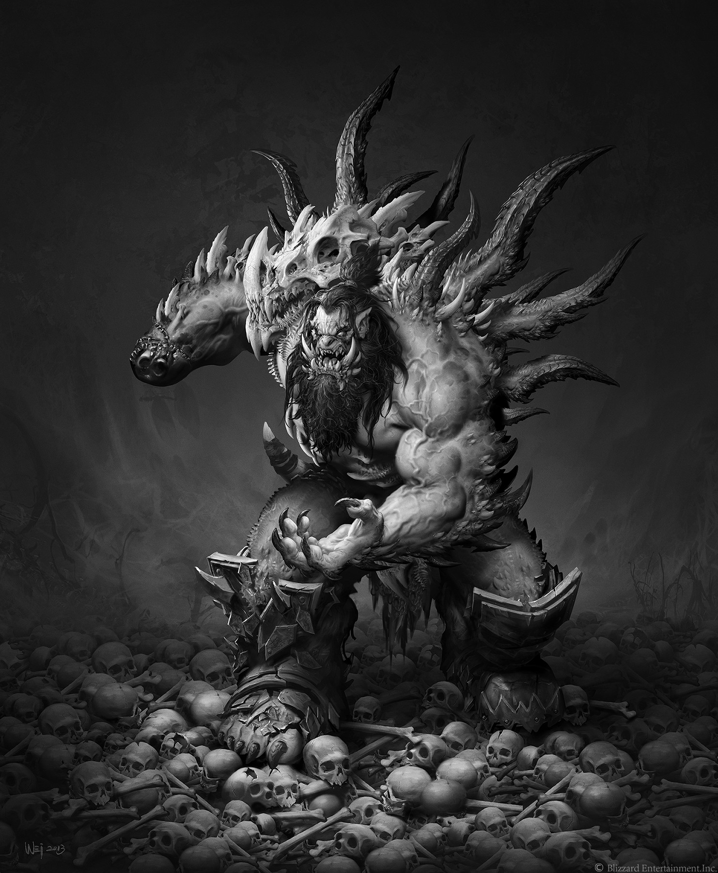 Monochrome full-figure Blackhand concept with a massive armored silhouette above a bed of skulls