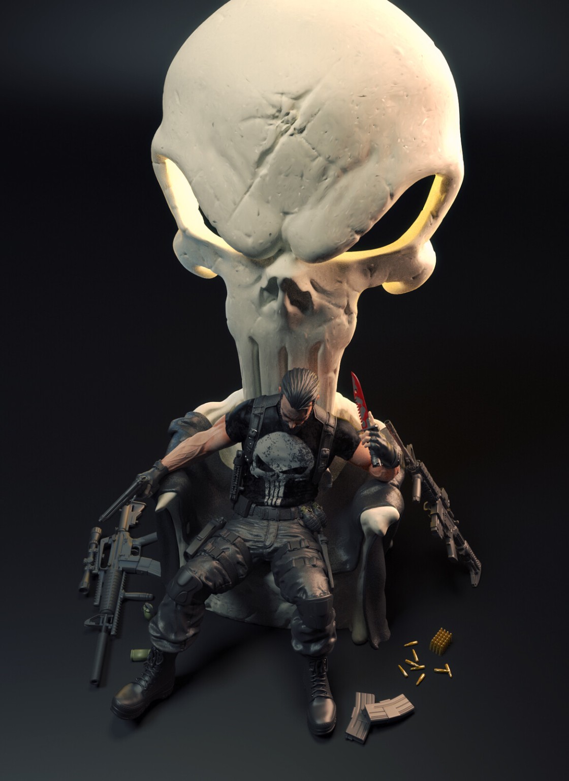 Finished colour render of The Punisher seated beneath the skull with weapons and props