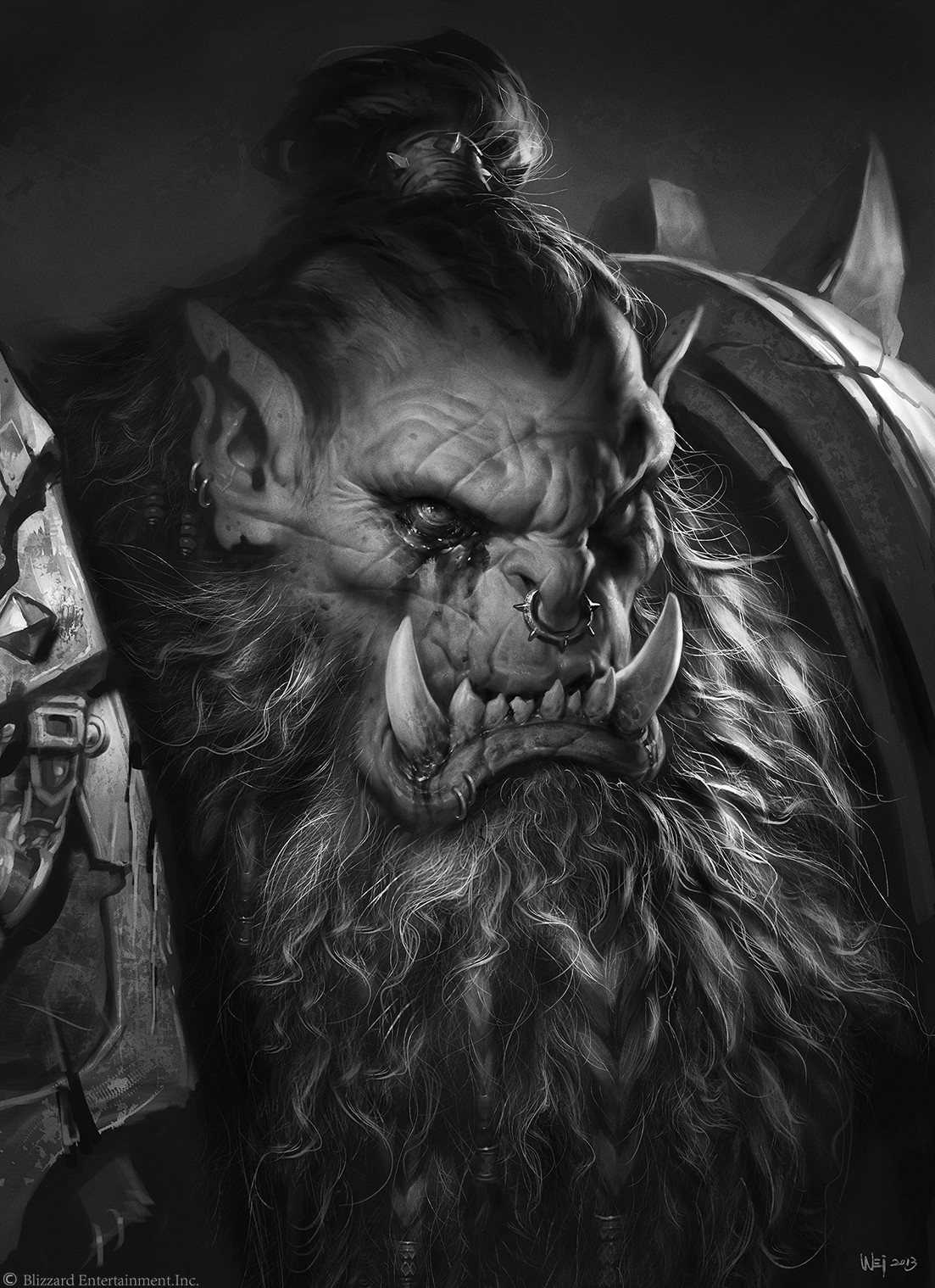 Monochrome portrait of Blackhand with tusks, a long beard and heavy shoulder armor