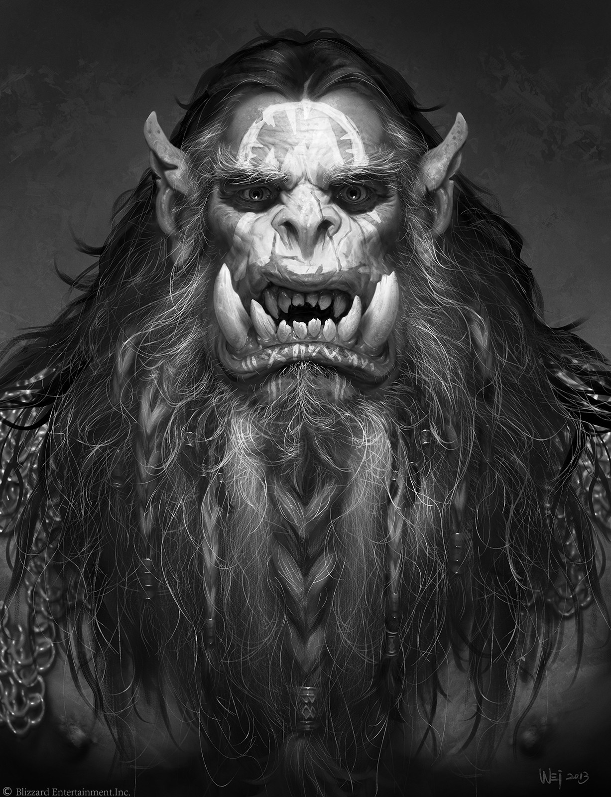Expressive Doomhammer portrait with an open mouth, tusks and elaborate ornamentation