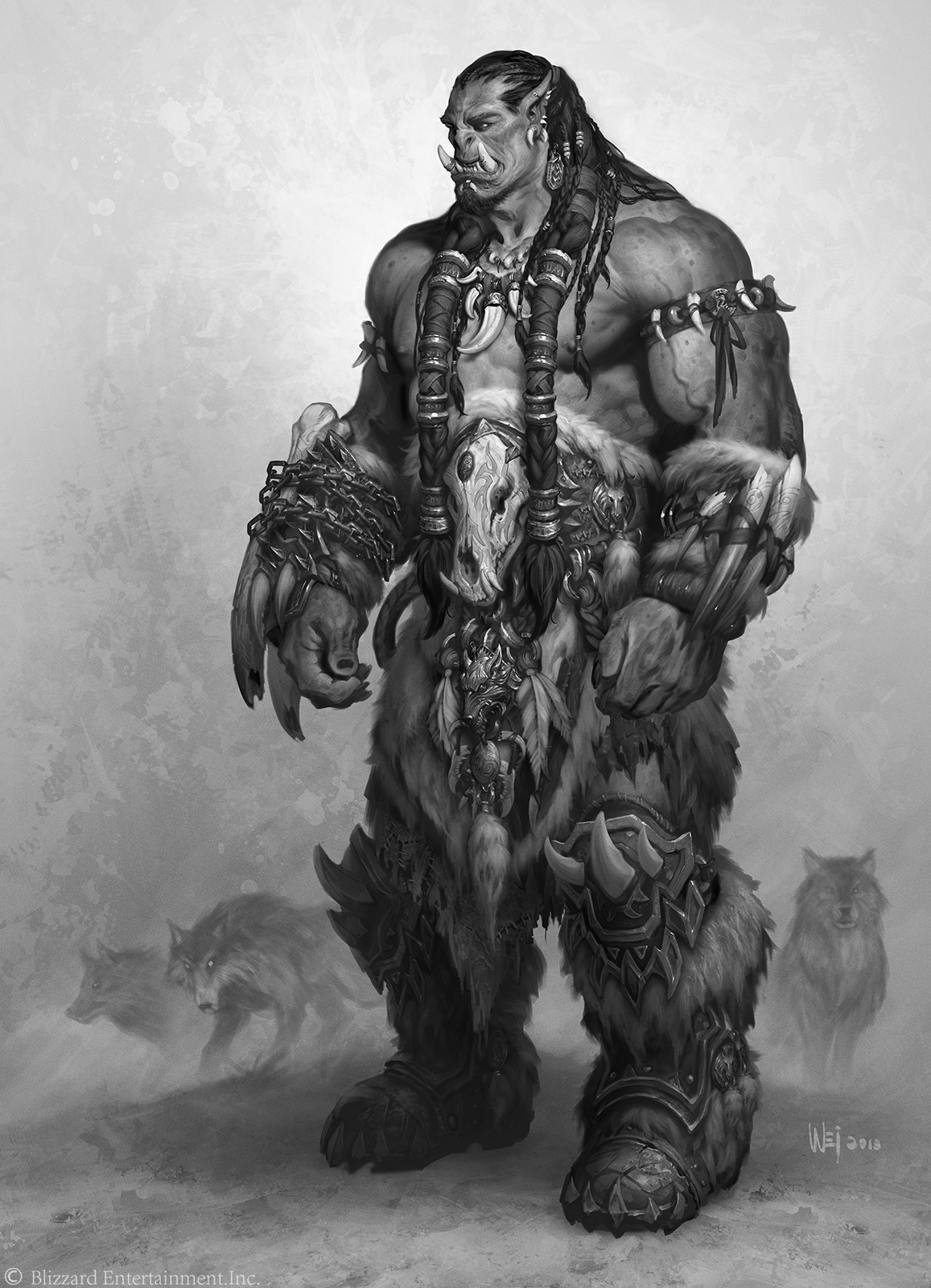 Durotan character concept showing layered fur clothing, armor and wolves beside the figure