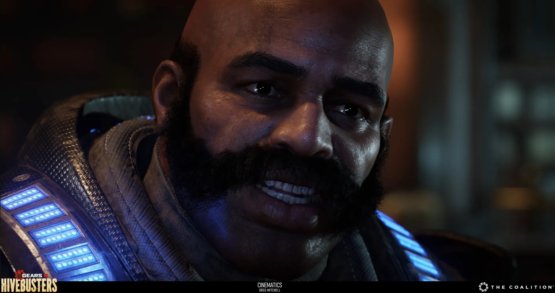 Close cinematic frame of a bearded man in illuminated blue armour