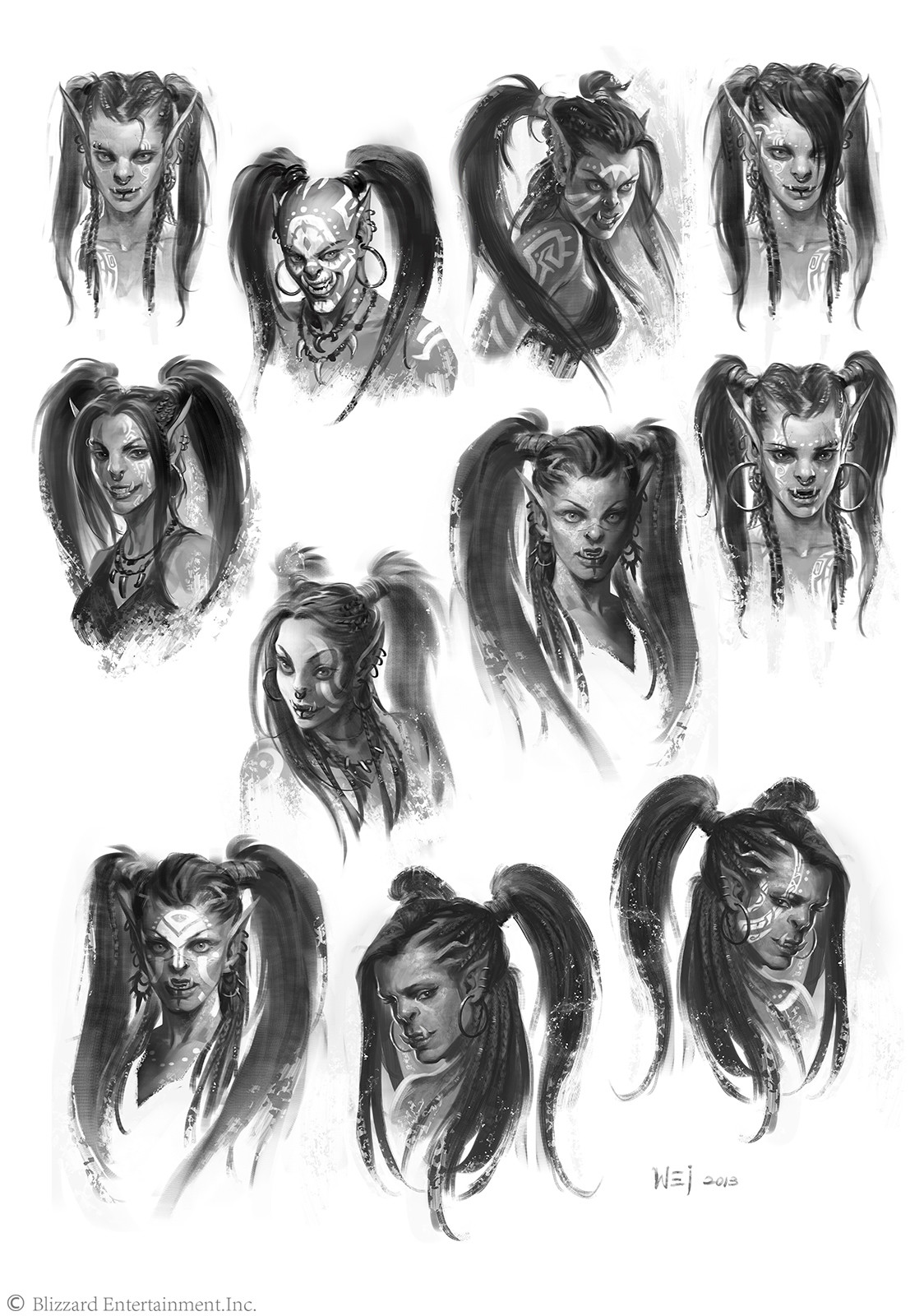 Original Garona concept sheet containing multiple small facial variations