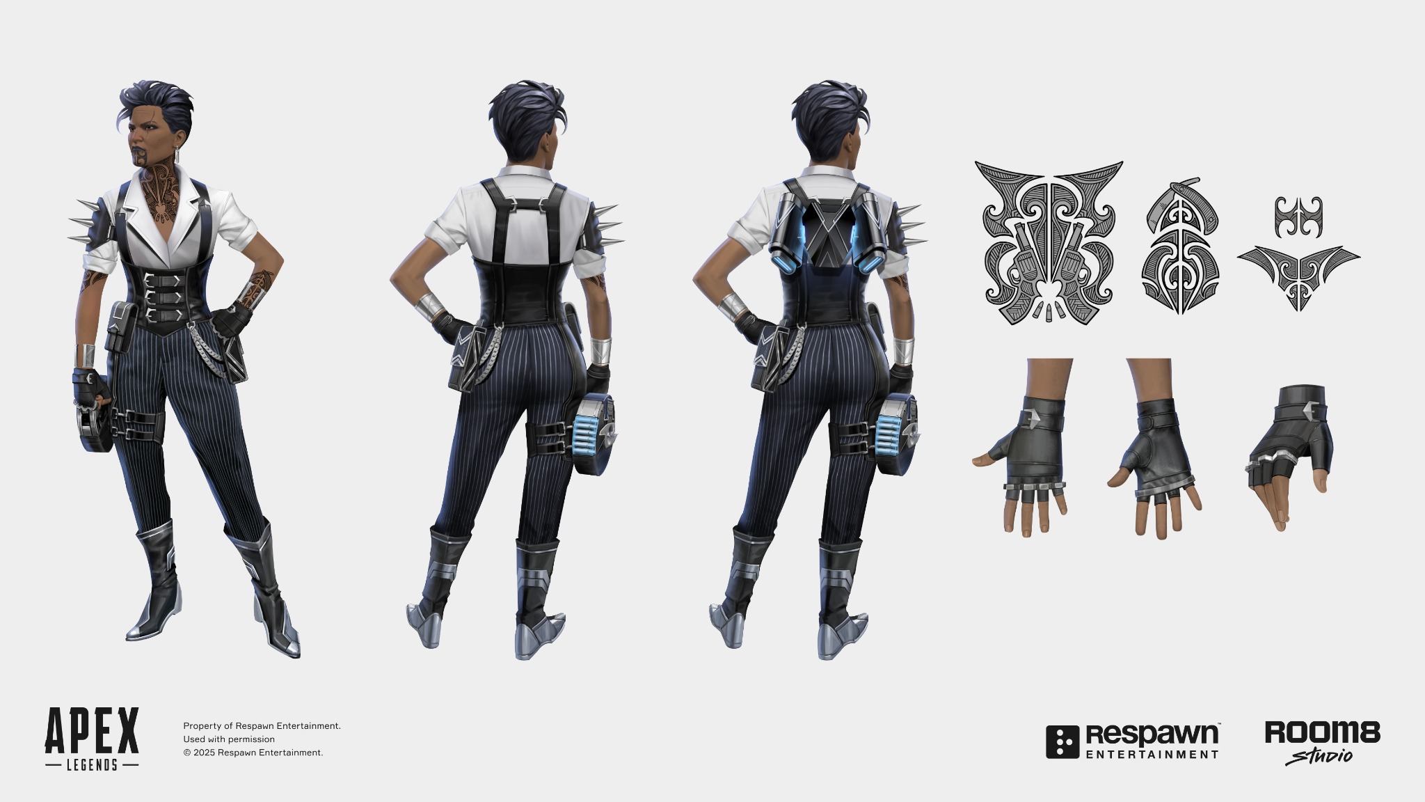 A short-haired tattooed Apex character in a white shirt and dark pinstripe trousers, shown from the front and back beside tattoo and glove designs.