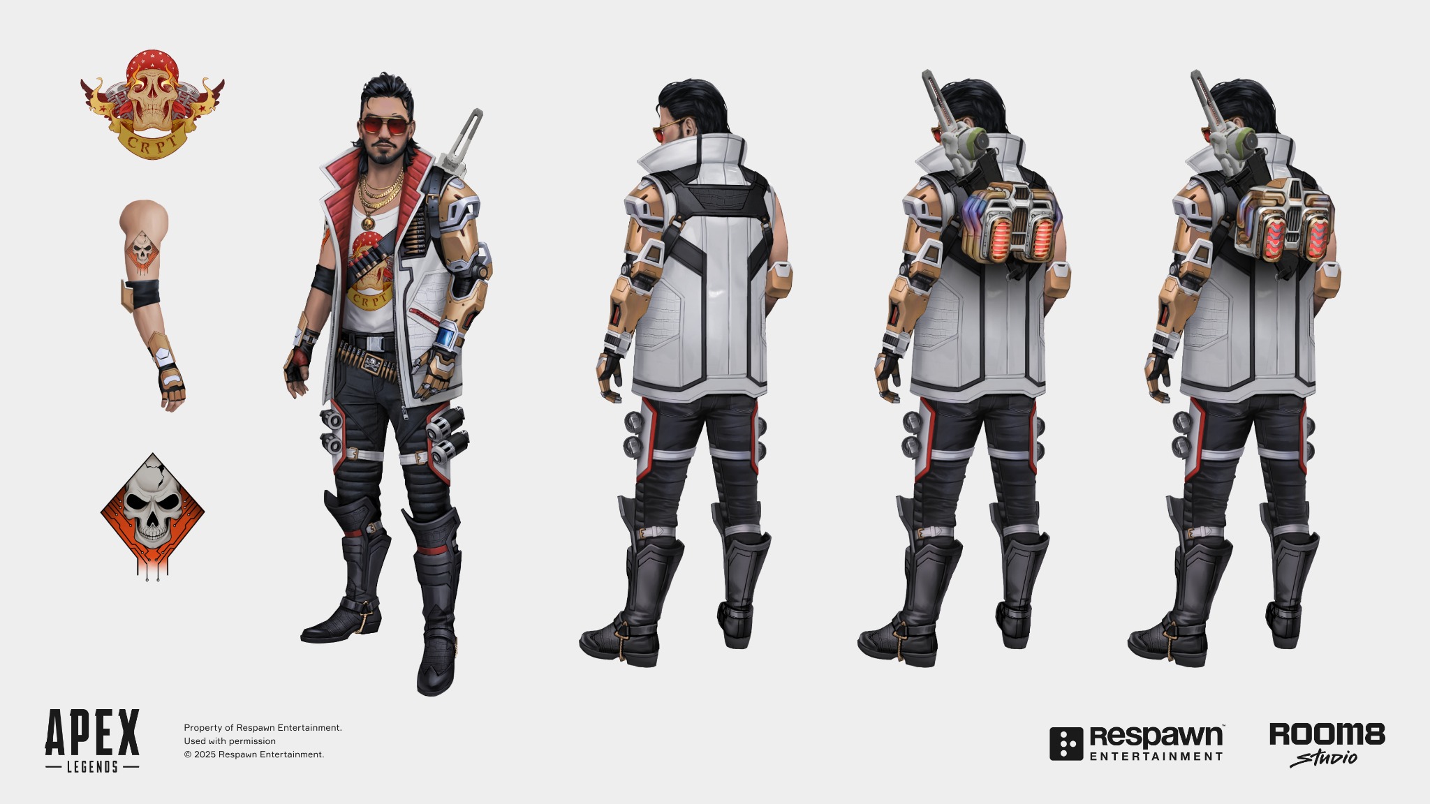 An Apex character with dark hair and red sunglasses in a long white vest, with multiple back views, backpack variants and skull graphics.