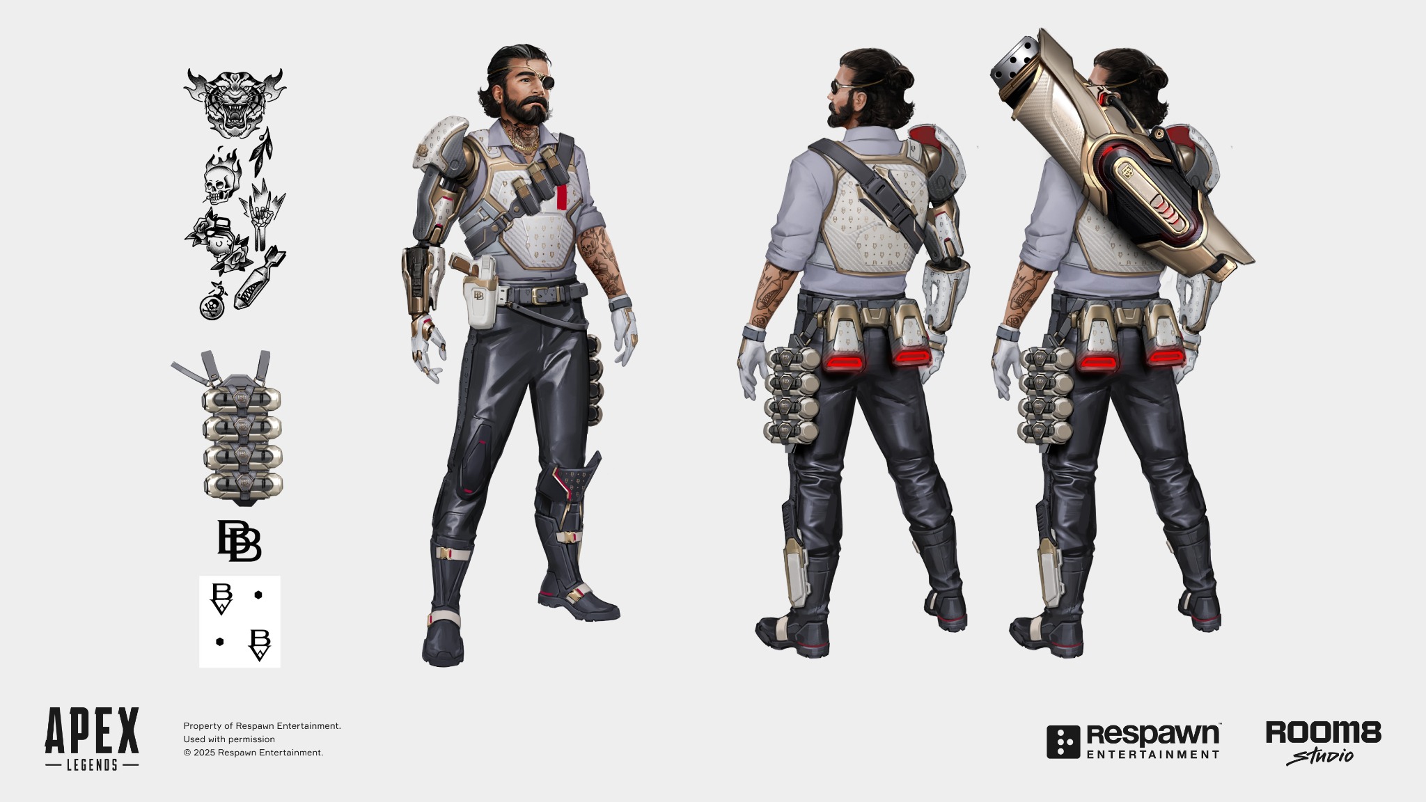 A bearded Apex character with an eyepatch and mechanical arm, shown in pale armor with back equipment variations and separate tattoo graphics.