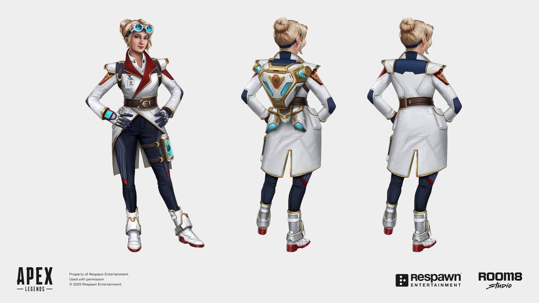 A blonde Apex character wearing goggles and a white coat with gold trim, shown from the front and back with alternate equipment views.