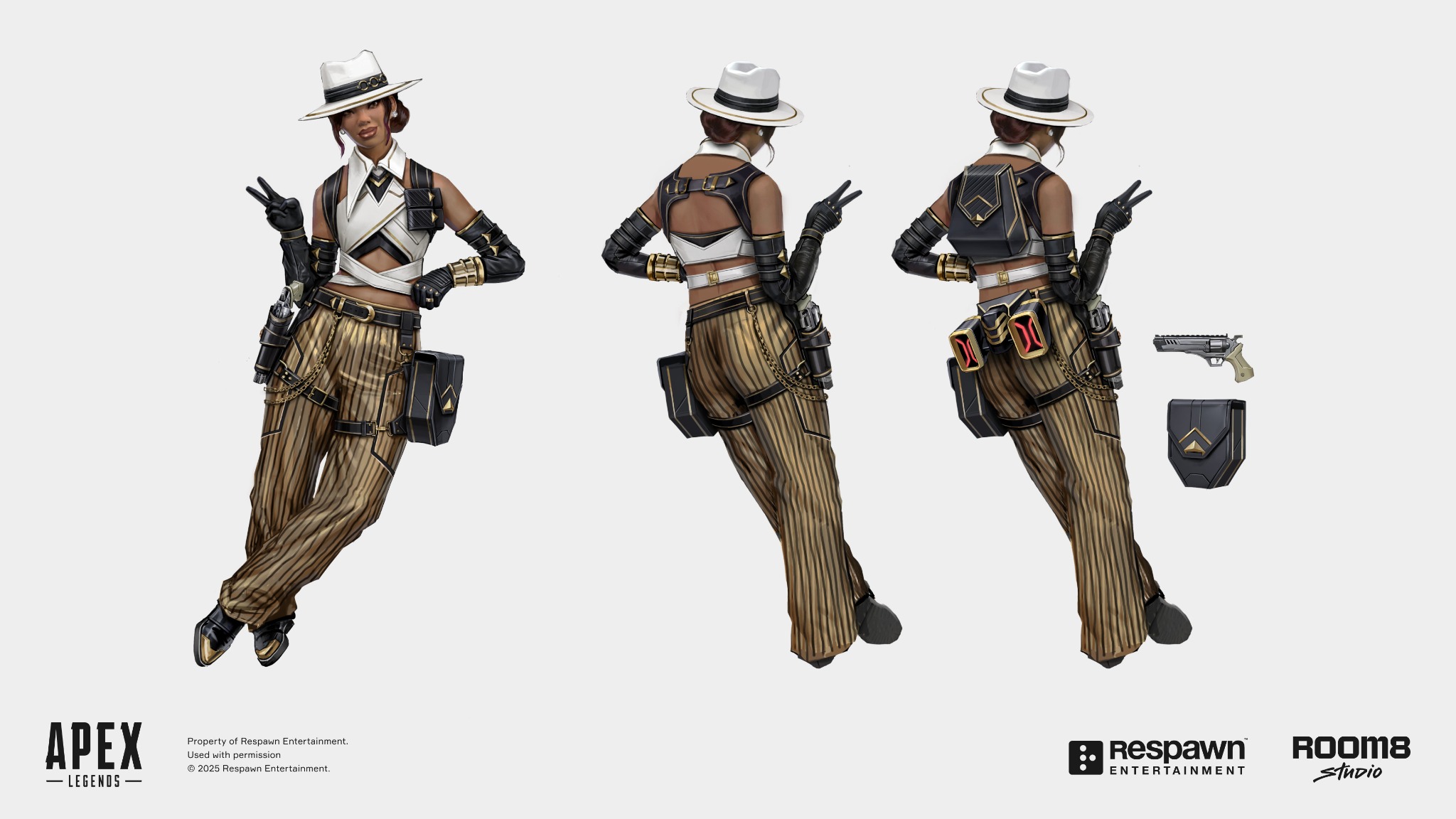 An Apex character in a white hat and gold pinstripe trousers, with front and back views, a backpack variant, a sidearm and a bag detail.
