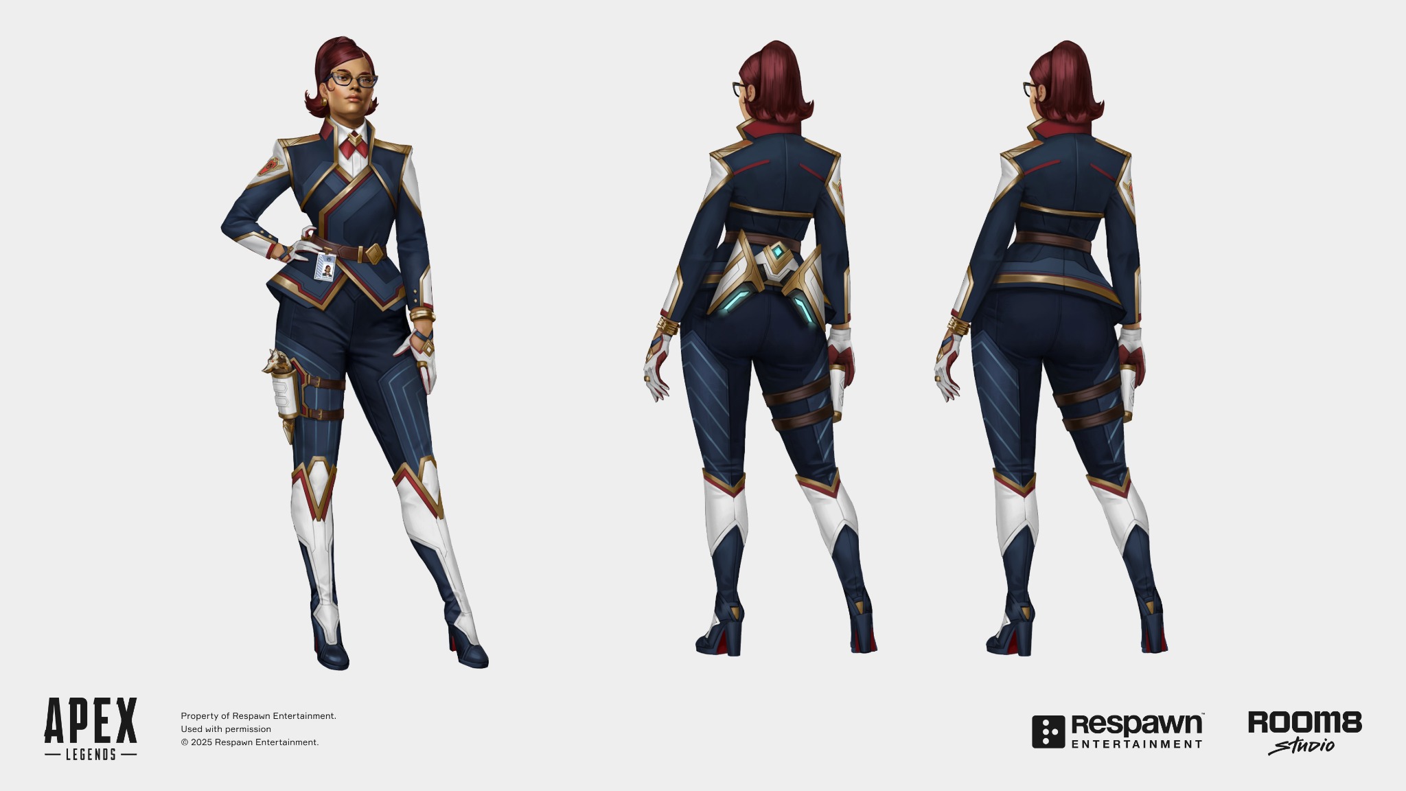A red-haired Apex character wearing glasses and a navy suit with gold and red trim, shown from the front and back with an equipment variant.