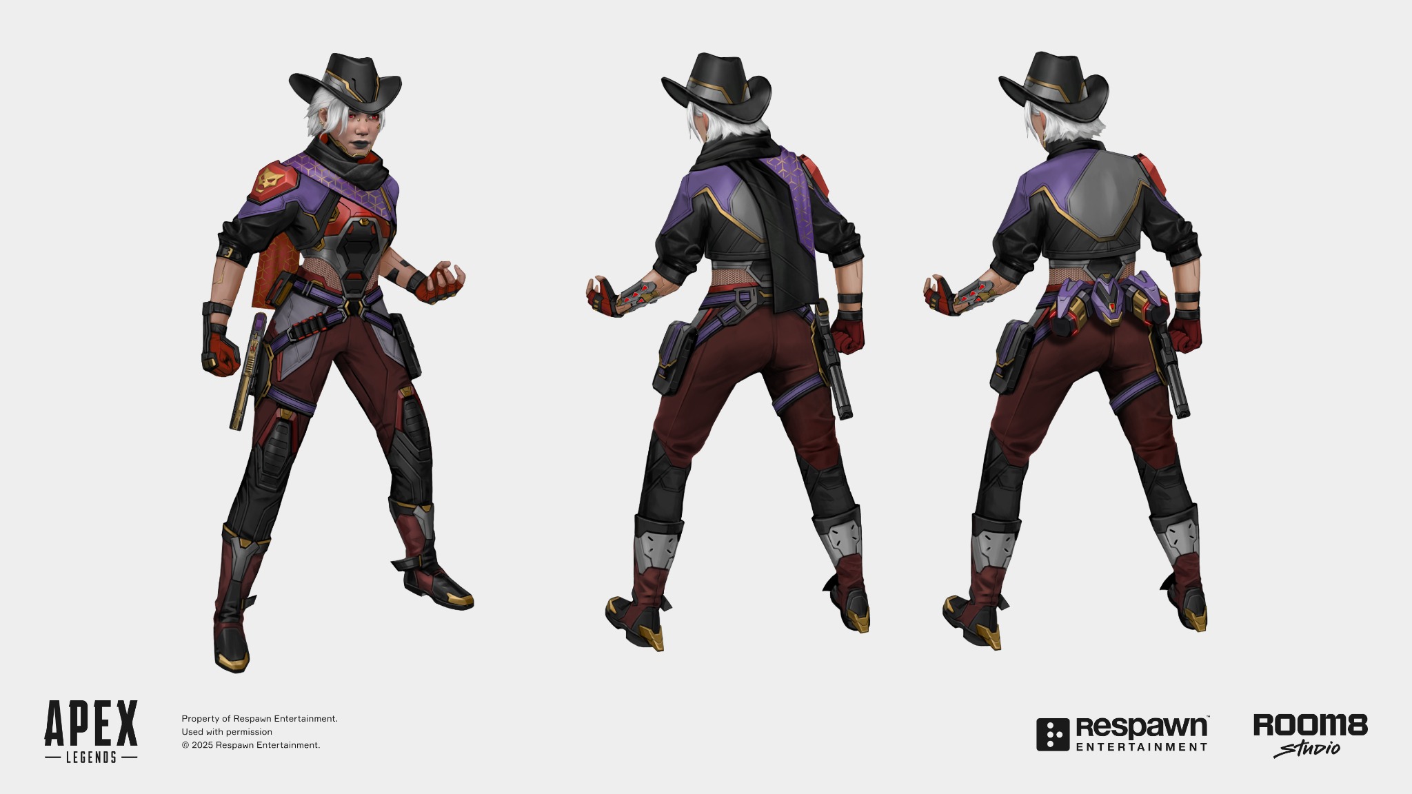 A white-haired Apex character in a dark cowboy hat and purple and red armor, shown from the front and back with scarf and equipment variations.
