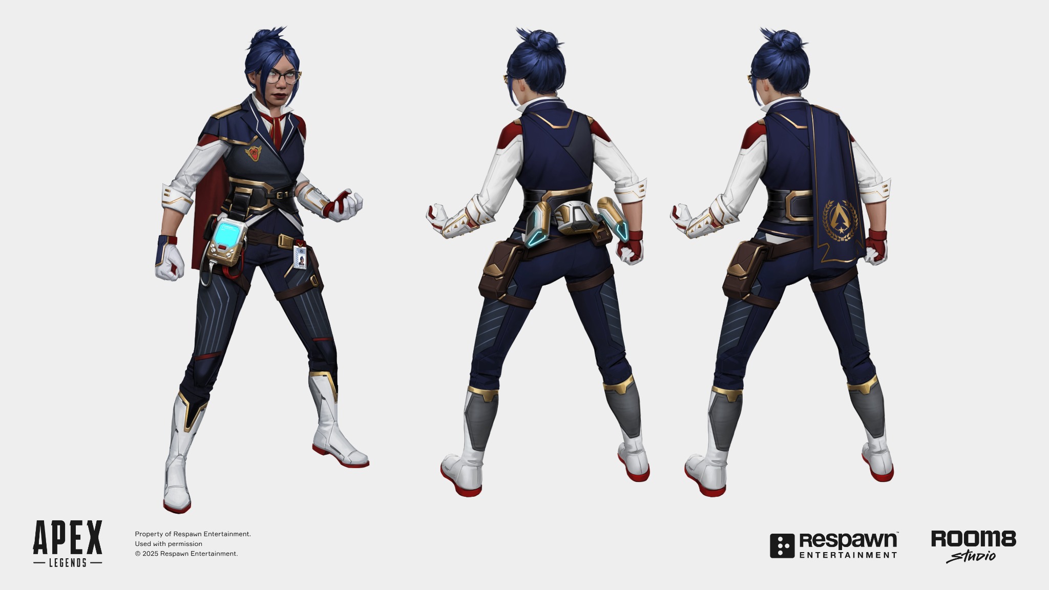A blue-haired Apex character wearing glasses and a navy, white and red uniform, shown from the front and back with cape and equipment variants.