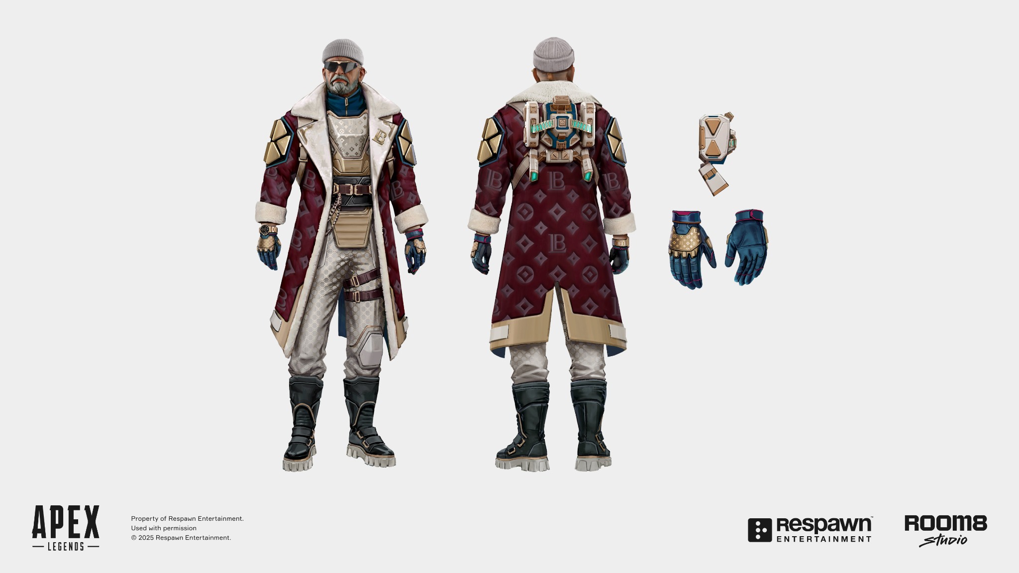 A bearded Apex character wearing a grey beanie and a burgundy shearling-lined coat, with front and back views, gloves and an equipment detail.