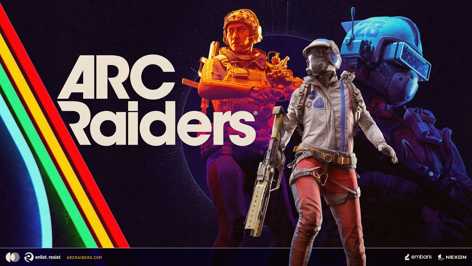 ARC Raiders promotional key art with three Raiders, rainbow stripes and the game logo
