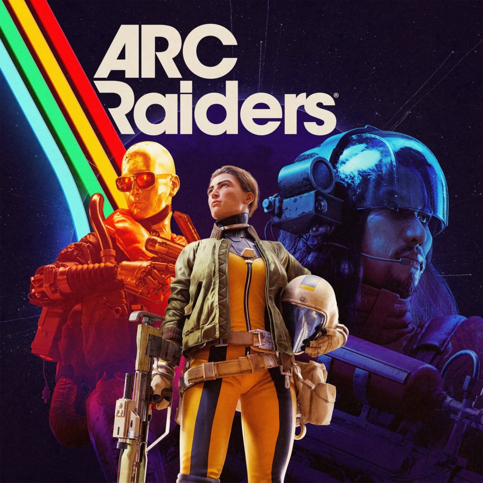 Square ARC Raiders poster with a helmet-carrying Raider between orange and blue character portraits