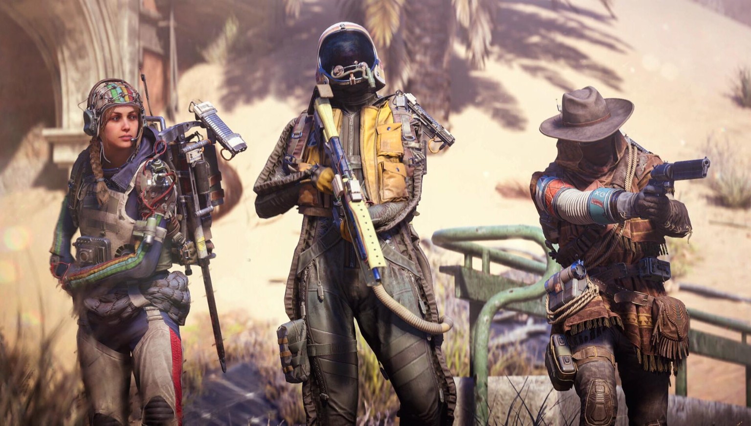 Three Raiders in layered survival clothing with helmets, backpacks and weapons
