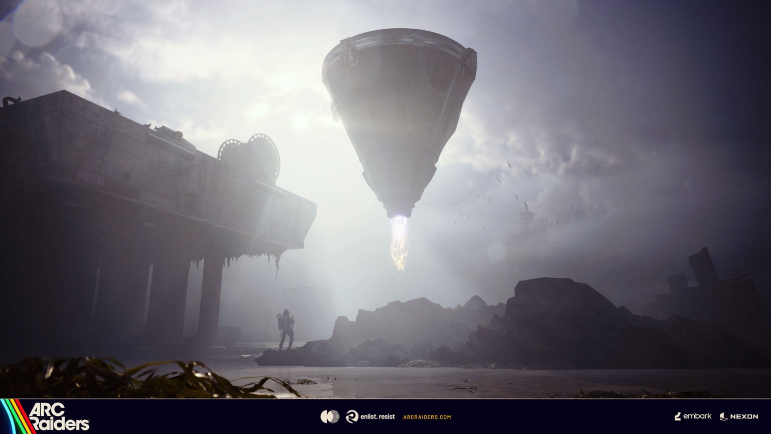 A lone Raider beneath a huge hovering machine above a misty shoreline