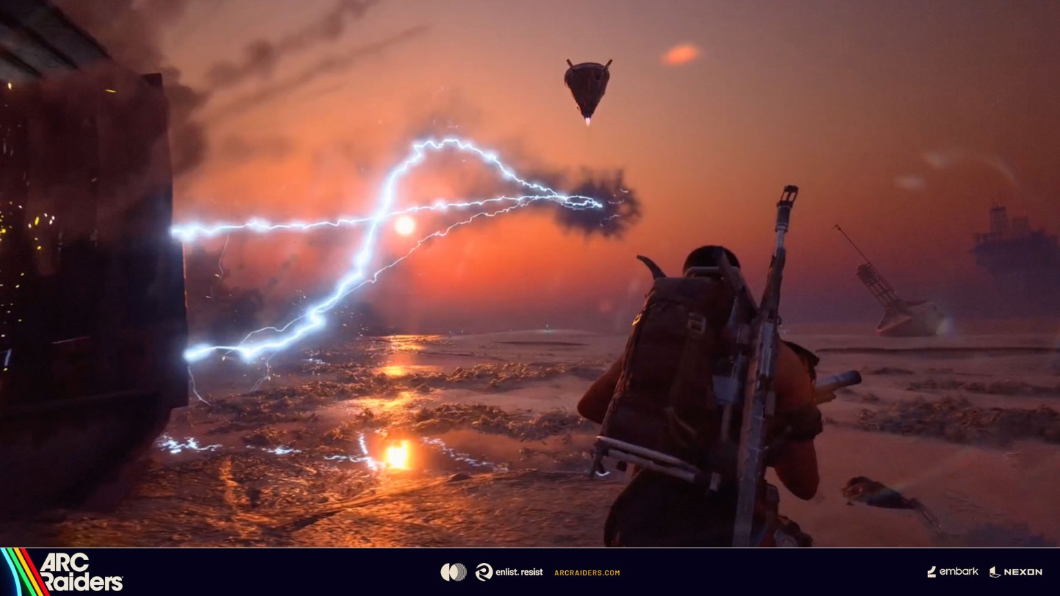 A Raider facing electrical arcs across an orange-lit coastal battlefield
