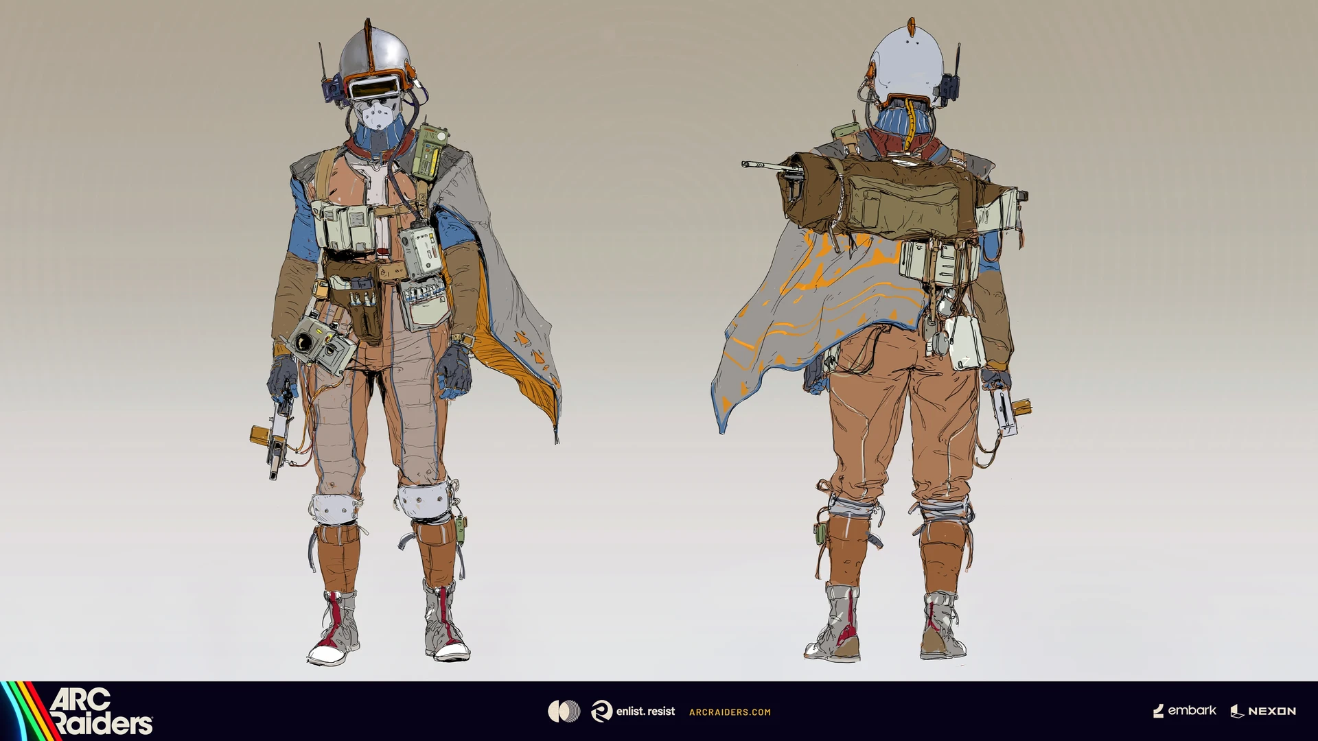 Front and rear views of a helmeted character in blue and tan clothing, with a gray cape, knee protection and utility equipment.
